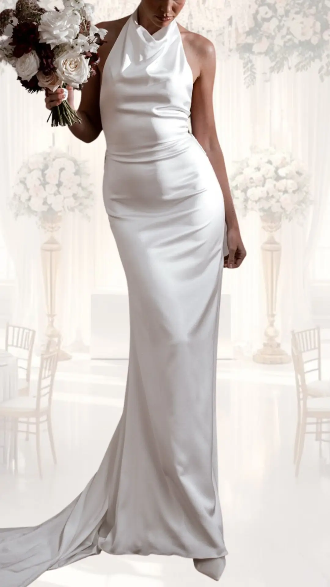 This elegant high neck wedding dress features a sleek satin fabric in a classic white shade, exuding sophistication. The fitted silhouette highlights a graceful draped neckline and a floor-length skirt that flows into a subtle train, perfect for a winter wedding or vintage-inspired look. The dress is designed without sleeves, enhancing its modern yet timeless appeal.