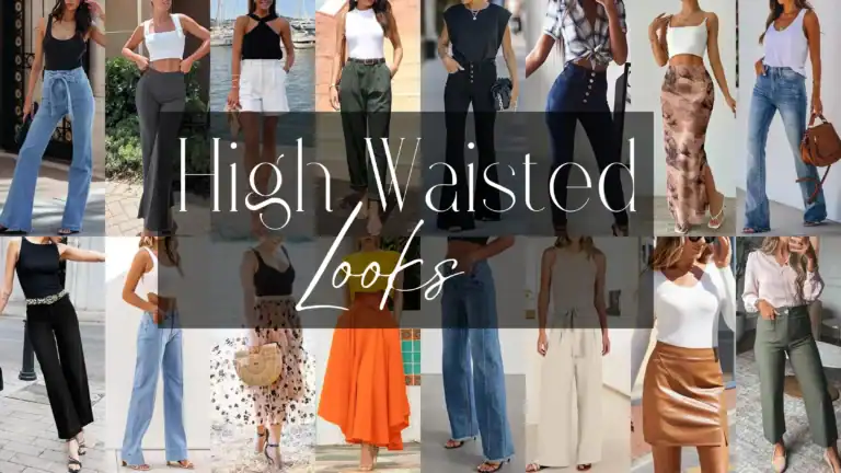 A vibrant array of high-waisted looks showcases a mix of silhouettes, including flared jeans, tailored pants, flowing skirts, and shorts, all designed with a chic and modern aesthetic. Fabrics range from soft denim and structured cotton to flowing satin, featuring colors like deep black, light blue, earthy tones, and eye-catching orange, with patterns such as florals and polka dots. The pieces vary in length—from mini skirts to full-length pants—often highlighted by design details like pleats, buttons, and cinched waists, reflecting a blend of contemporary elegance and casual wear perfect for both everyday outings and semi-formal events.