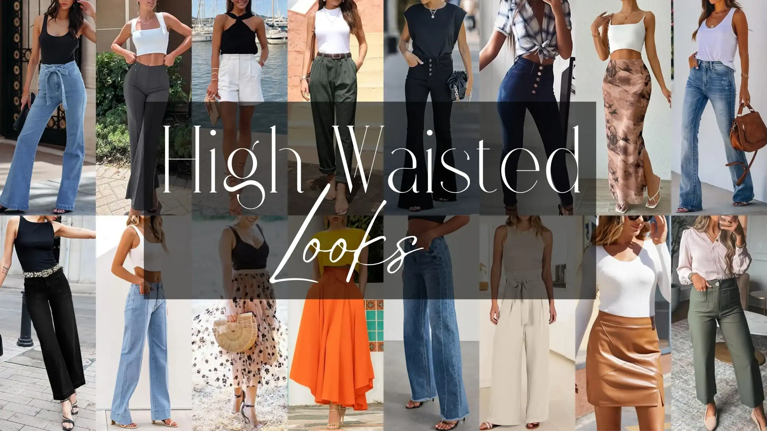 A vibrant array of high-waisted looks showcases a mix of silhouettes, including flared jeans, tailored pants, flowing skirts, and shorts, all designed with a chic and modern aesthetic. Fabrics range from soft denim and structured cotton to flowing satin, featuring colors like deep black, light blue, earthy tones, and eye-catching orange, with patterns such as florals and polka dots. The pieces vary in length—from mini skirts to full-length pants—often highlighted by design details like pleats, buttons, and cinched waists, reflecting a blend of contemporary elegance and casual wear perfect for both everyday outings and semi-formal events.