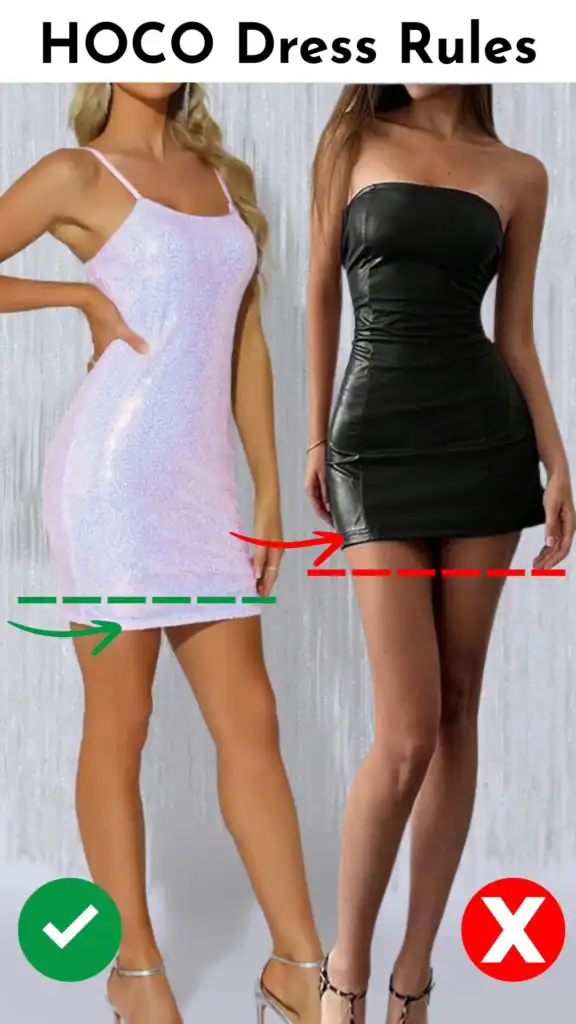 diagram showing hoco dresses that are allowed and hoco dresses that are not allowed at homecoming by the fingertip test