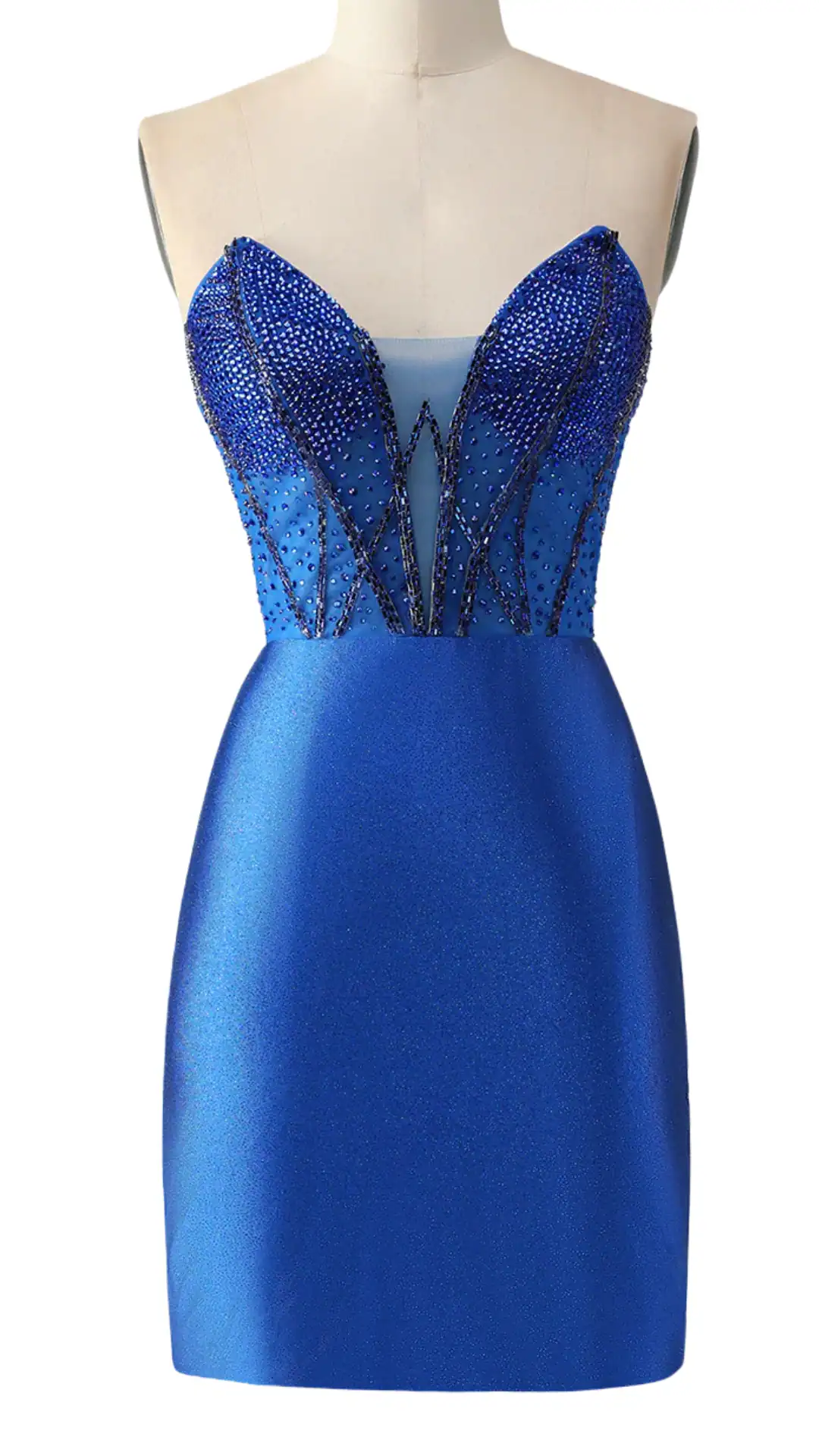 This striking homecoming dress features a fitted bodice adorned with intricate blue beadwork, creating a glamorous, eye-catching effect, while the smooth, shimmering skirt falls elegantly, enhancing its sleek silhouette. The overall vibe is bold and trendy, ideal for a festive school dance or formal occasion, perfectly suited for teenage girls looking to make a statement.