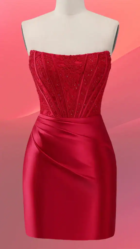 This striking homecoming dress features a strapless design with a fitted, corsetted bodice adorned with intricate red embroidery and embellishments, transitioning into a sleek satin mini skirt that hugs the body for a flattering silhouette. The vibrant red color embodies a bold and playful vibe, perfect for a festive occasion like homecoming, appealing to teens seeking a fashionable statement.