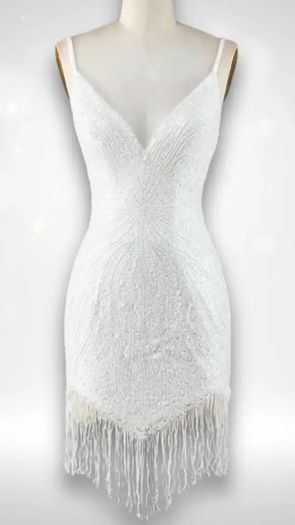 This form-fitting homecoming dress showcases a striking white color with intricate beadwork that creates a shimmering effect, featuring a plunging V-neckline and delicate spaghetti straps. The dress is adorned with fringed details at the hem, exuding an elegant, vintage-inspired vibe perfect for a formal event or school dance, specifically designed for teenage girls.