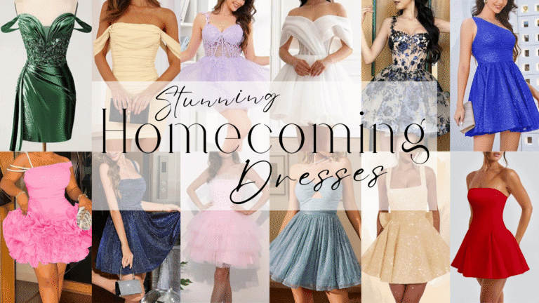 This collection of homecoming dresses features a variety of styles, from form-fitting teal satin with intricate ruching to soft-tiered pink tulle skirts adorned with sparkling embellishments. Rich colors like royal blue and shimmering gold contrast with pastel shades, creating an overall trendy but classic vibe perfect for teenage girls attending formal events like dances or homecoming.