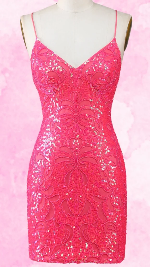 This tight homecoming dress features a form-fitting silhouette adorned with intricate floral sequin patterns against a vibrant hot pink background. The dress boasts a deep V-neckline and delicate spaghetti straps, emphasizing its sleek design. Its fitted structure accentuates the body, creating a flattering hourglass shape ideal for a celebratory occasion.