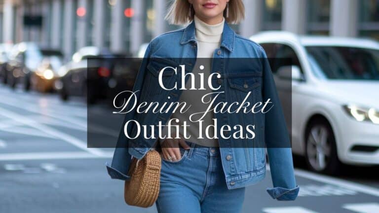 The image features a classic denim jacket in a medium wash, paired with a fitted cream turtleneck and high-waisted jeans for a streamlined silhouette. The outfit's combination of timeless denim and neutral tones enhances a chic rustic style, while the structured jacket adds a flattering shape that embodies modern elegance. A woven handbag complements the look, introducing a textural element that adds warmth and sophistication.