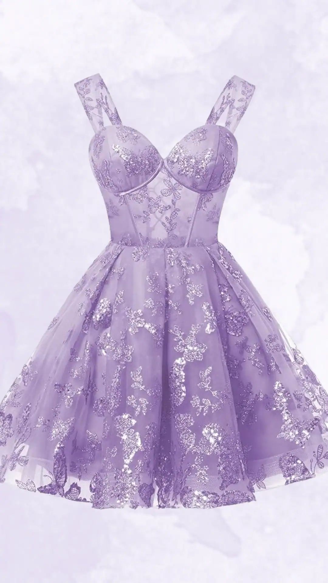 This enchanting homecoming dress features a fitted, corseted bodice adorned with intricate floral lace patterns and shimmering sequins in a soft lavender hue. The voluminous skirt adds a playful touch, making it a perfect choice for teenage girls attending formal events like homecoming or prom.