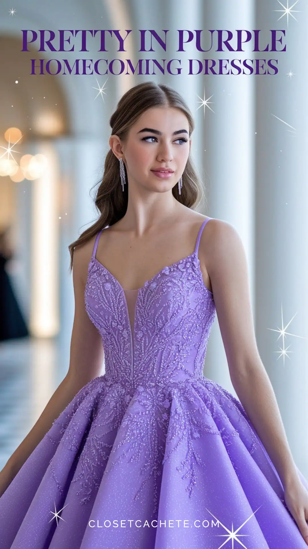 This enchanting homecoming dress showcases a soft lavender hue with intricate beadwork detailing that adds texture and sophistication. The fit features a fitted bodice that gently flares into a voluminous skirt, creating a romantic and fairy-tale vibe, perfect for teenage girls attending a festive, formal event.