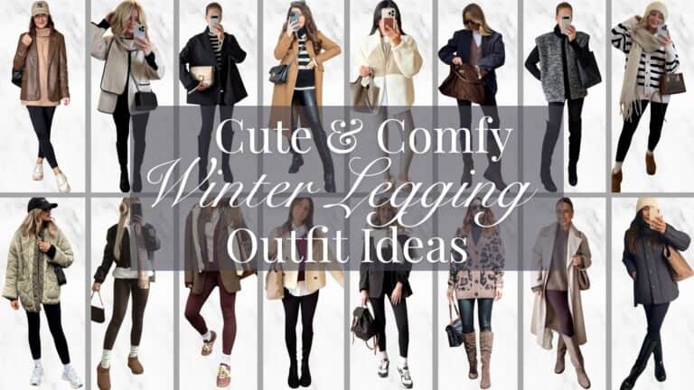 The winter leggings outfits feature a mix of cozy sweaters and stylish outerwear in neutral and earthy tones, complemented by stretchy black and burgundy leggings. Textures vary from chunky knits and soft fleece to sleek leather and quilted materials, while accessories include oversized scarves, beanies, and chic handbags. Footwear options range from casual sneakers to knee-high boots, perfect for warmth and comfort during the cold season.