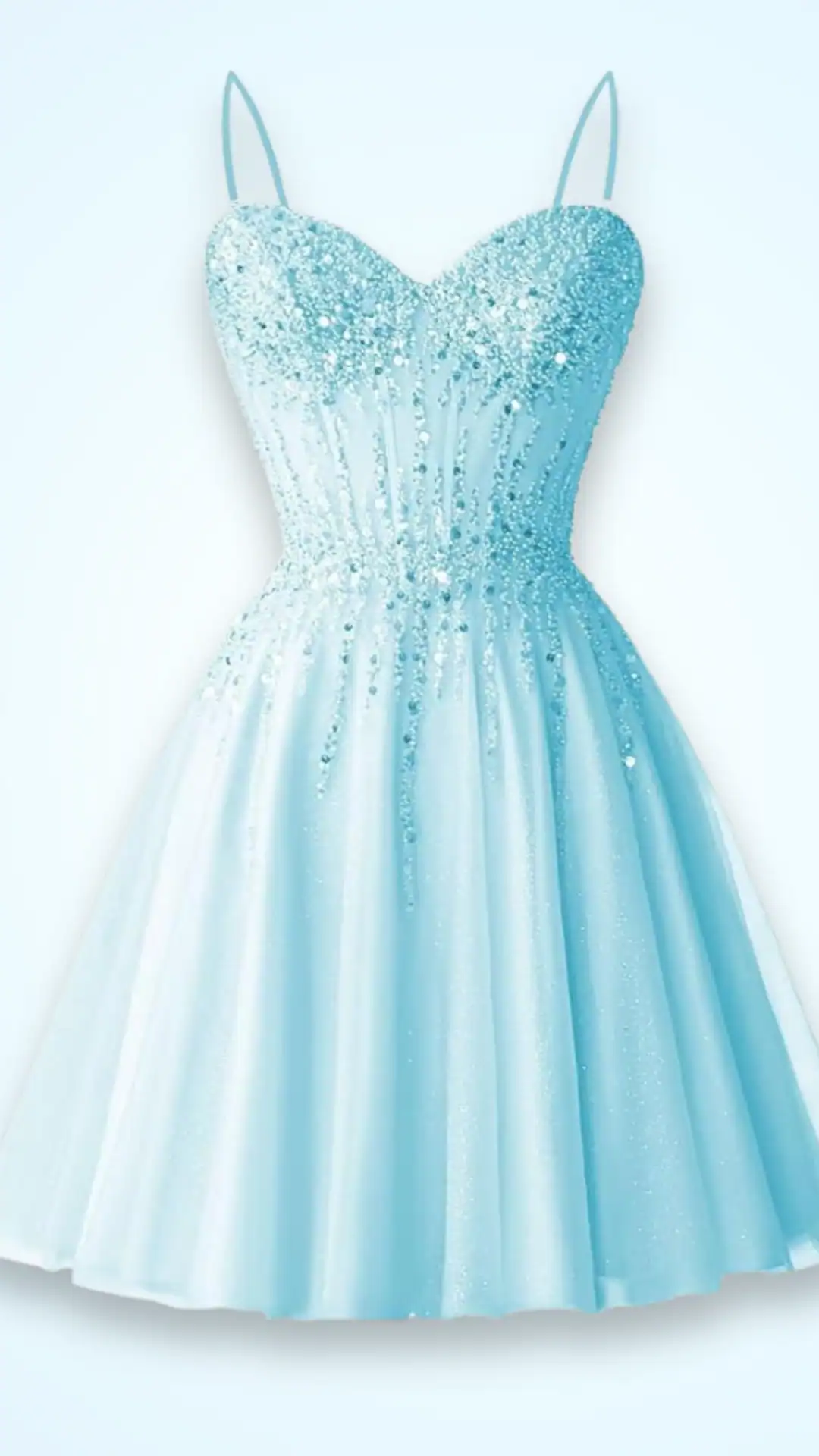 This light blue homecoming dress features a fitted bodice adorned with sparkling embellishments and delicate, adjustable spaghetti straps, leading to a voluminous, knee-length skirt made from soft, flowing fabric. The overall aesthetic is romantic and ethereal, perfect for a teenage girl attending a formal event or school dance.