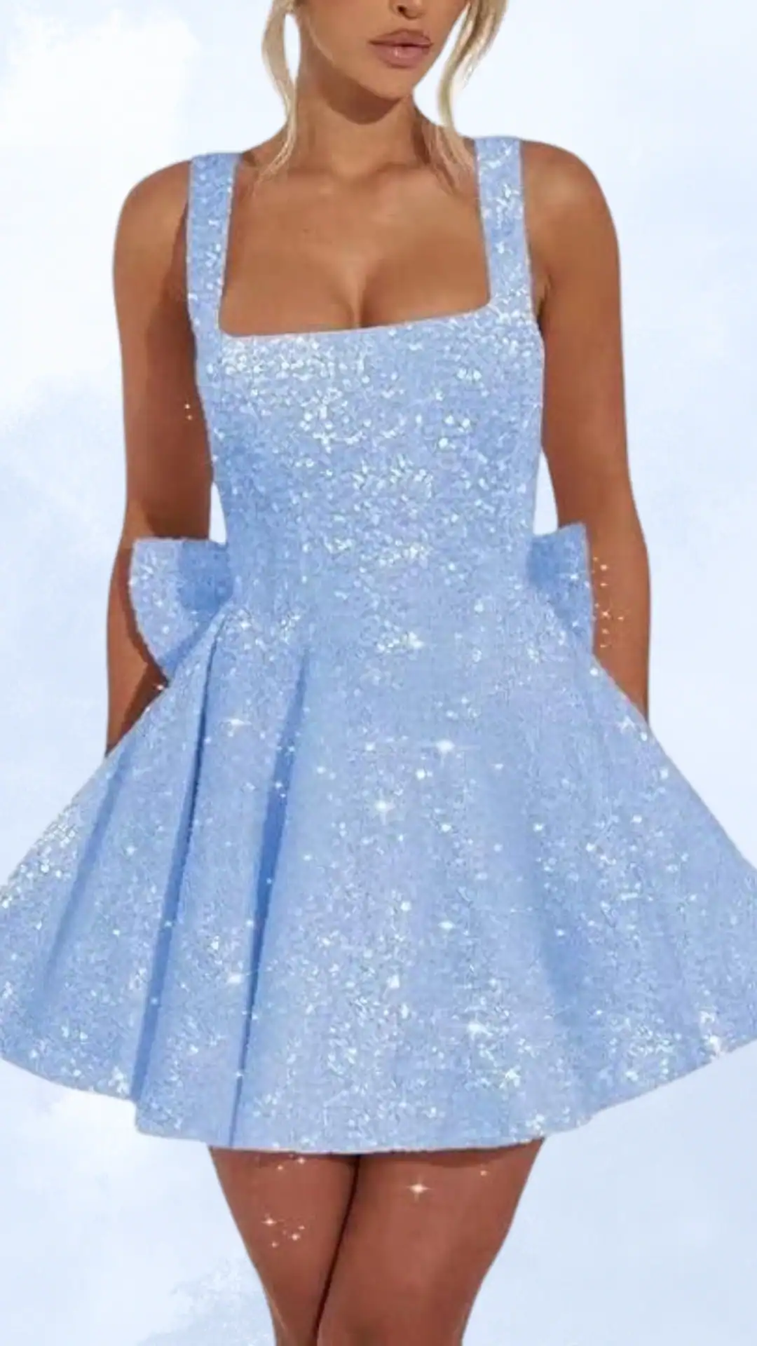 This playful homecoming dress features a fitted bodice with a square neckline and flared skirt, crafted from a shimmering light blue fabric adorned with subtle sequins, providing a sparkly texture. The design includes chic side pockets and bow details at the back, exuding a fun and youthful vibe, perfect for a teen's festive occasion like homecoming or a school dance.
