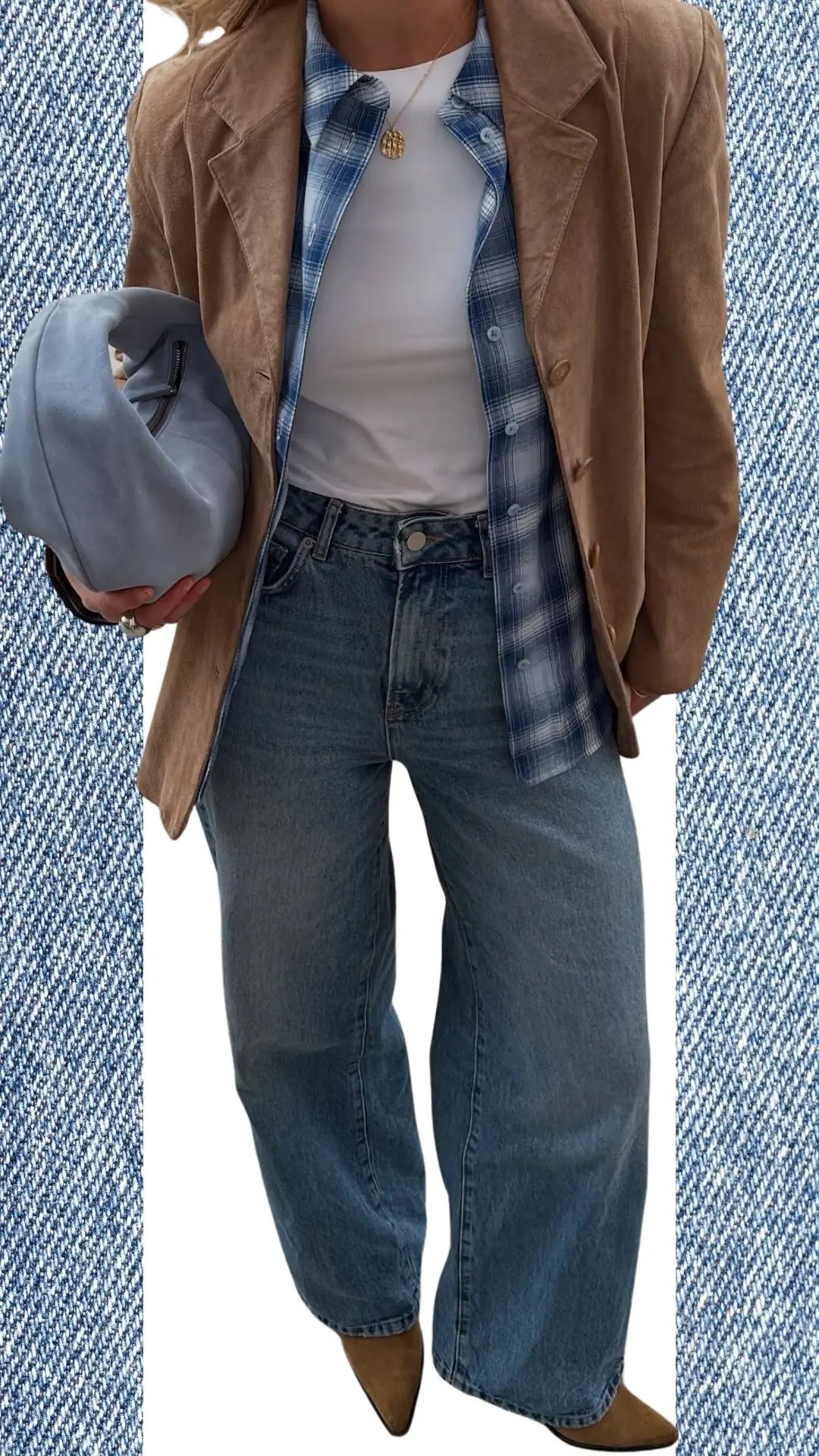 A light blue denim outfit features relaxed-fit light wash jeans paired with a white fitted top and an oversized beige suede blazer, adding warmth and texture. A plaid button-up shirt in shades of blue peeks from beneath the blazer, complemented by pointed-toe brown ankle boots for a stylish finish. Accessories include a delicate gold necklace and a soft light blue handbag, enhancing the seasonal look perfect for transitioning from winter to spring.