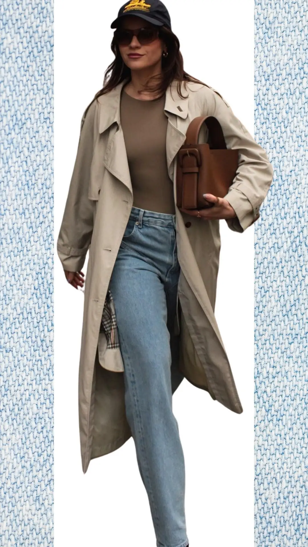 The outfit features light blue high-waisted jeans made from soft denim, paired with a form-fitting beige long-sleeve top crafted from a stretchy fabric. Layered over the top is a stylish beige trench coat with a relaxed silhouette, complemented by a brown leather handbag and a black baseball cap, creating a chic yet practical ensemble ideal for transitioning from winter to spring.