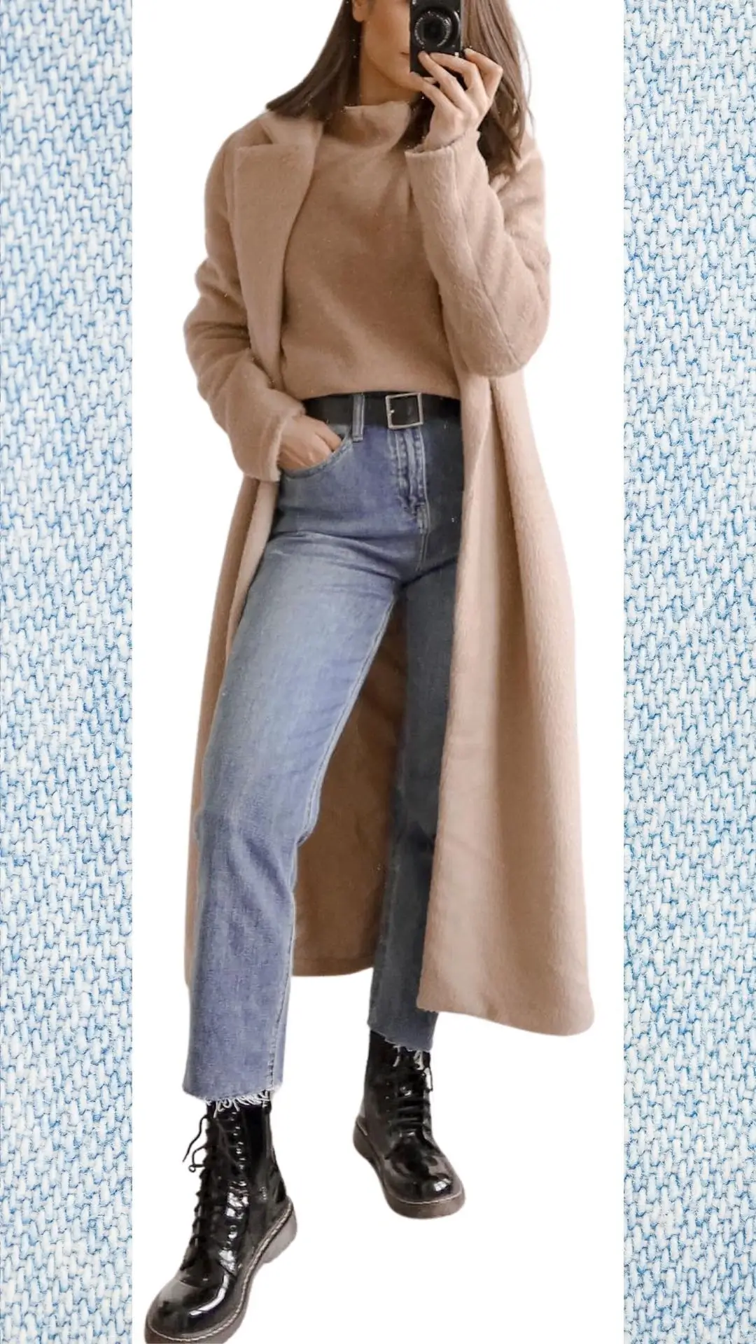 The outfit features slightly distressed light blue high-waisted jeans paired with a cozy beige oversized sweater and a long, soft beige coat, creating a layered look ideal for colder months. Glossy black lace-up ankle boots add a stylish edge, while the combination of textures and colors enhances warmth and versatility, perfect for transitioning from winter into spring.