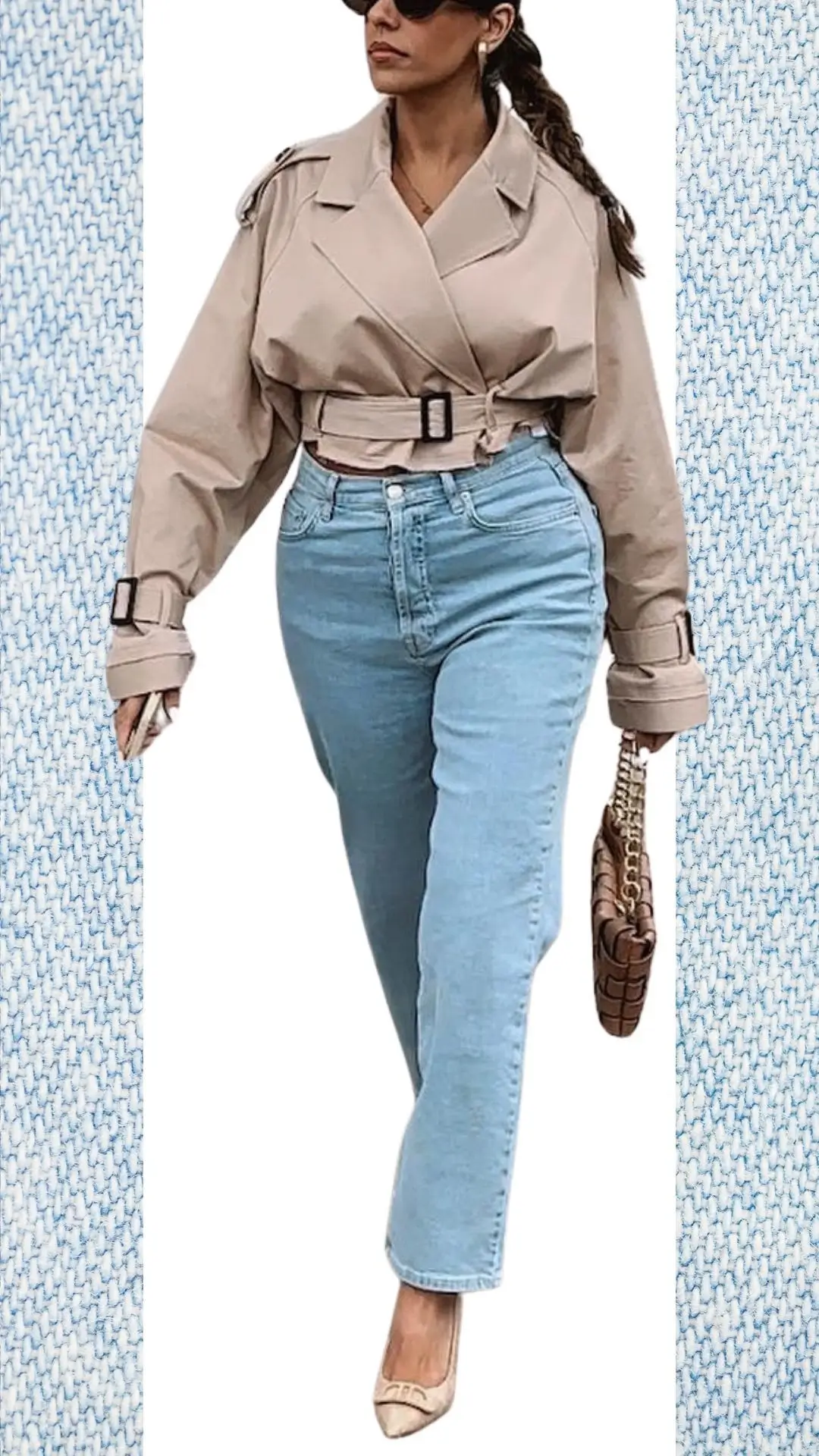 The outfit features light blue high-waisted jeans made from a soft, cozy denim that provides warmth for colder months, paired with a stylish beige oversized jacket crafted from a lightweight, textured fabric. Accessories include a chic brown crossbody bag and elegant nude heels that complement the ensemble while adding visual interest. The combination of colors and layers makes it suitable for transitioning from winter to spring.