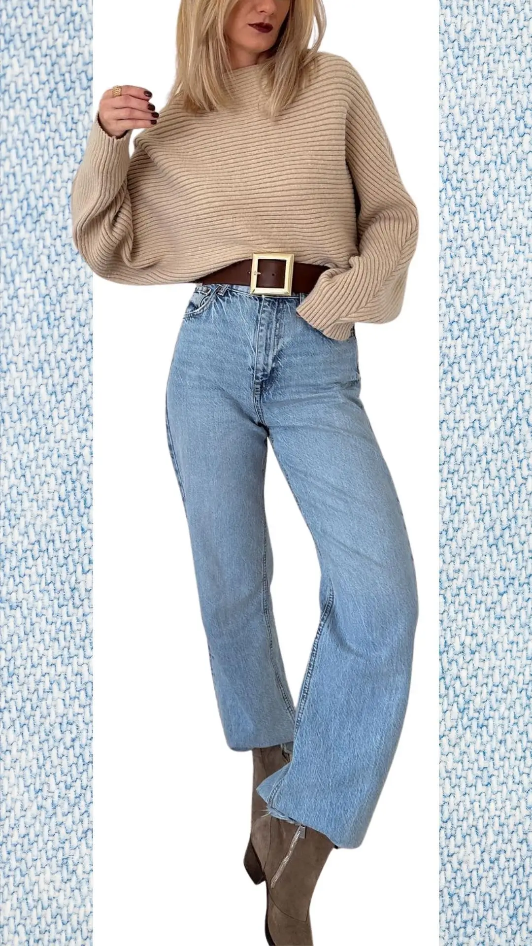 A light blue, high-waisted denim jeans outfit features a cozy, beige ribbed sweater, providing warmth and texture for colder months. The look is completed with a wide, brown leather belt and stylish taupe knee-high boots, creating a versatile ensemble perfect for transitioning from winter to spring.