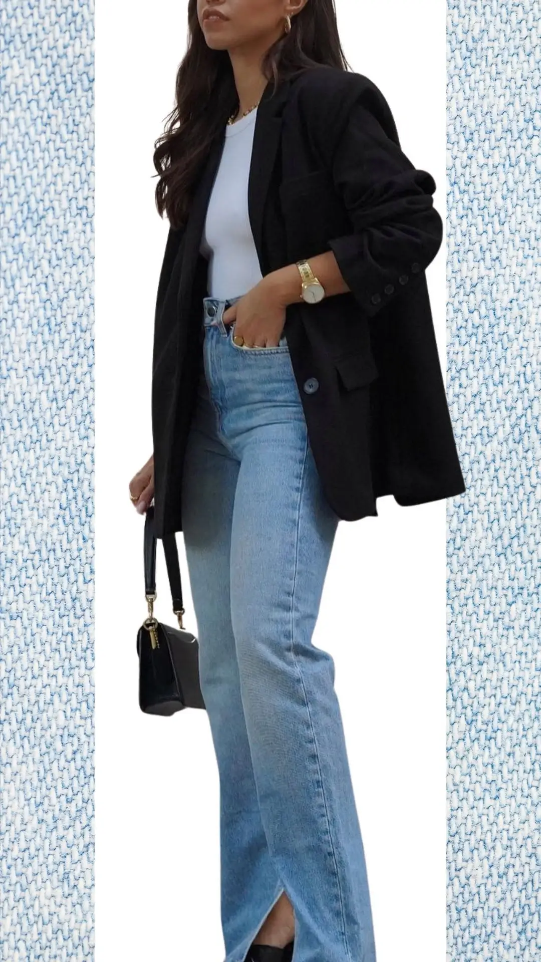 A stylish winter-to-spring outfit featuring light blue high-waisted jeans made from soft denim, complemented by a fitted white top and a sleek black oversized blazer. The look is accessorized with a small black handbag and gold jewelry, adding a touch of elegance. The subtle side slits in the jeans enhance the modern aesthetic while providing comfort.