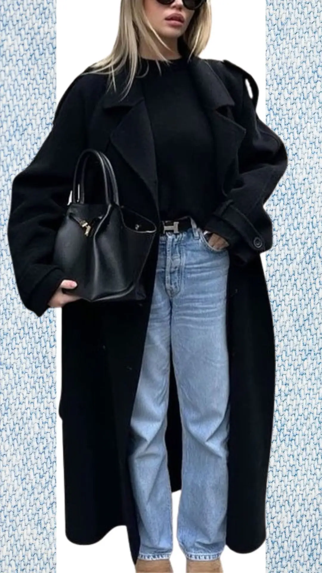A stylish winter-to-spring outfit features light blue, relaxed fit jeans made of soft denim, paired with a black long coat in a cozy wool blend. The look is complemented by a fitted black sweater and a sleek black handbag, while neutral-toned ankle boots add a touch of elegance. The combination of textures and shades creates a chic contrast, perfect for transitional weather.