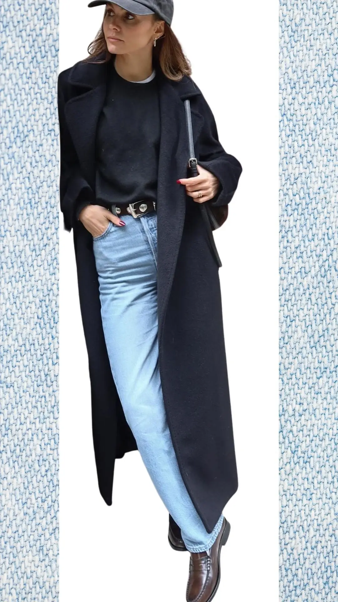 This stylish light blue jeans outfit features high-waisted light blue denim, a cozy black knit sweater, and a long black wool coat, blending warmth with sophistication. Accessories include a casual black cap and a sleek black belt with a silver buckle, complemented by polished brown leather ankle boots. The layering and color contrast make it an ideal choice for colder months transitioning into spring.
