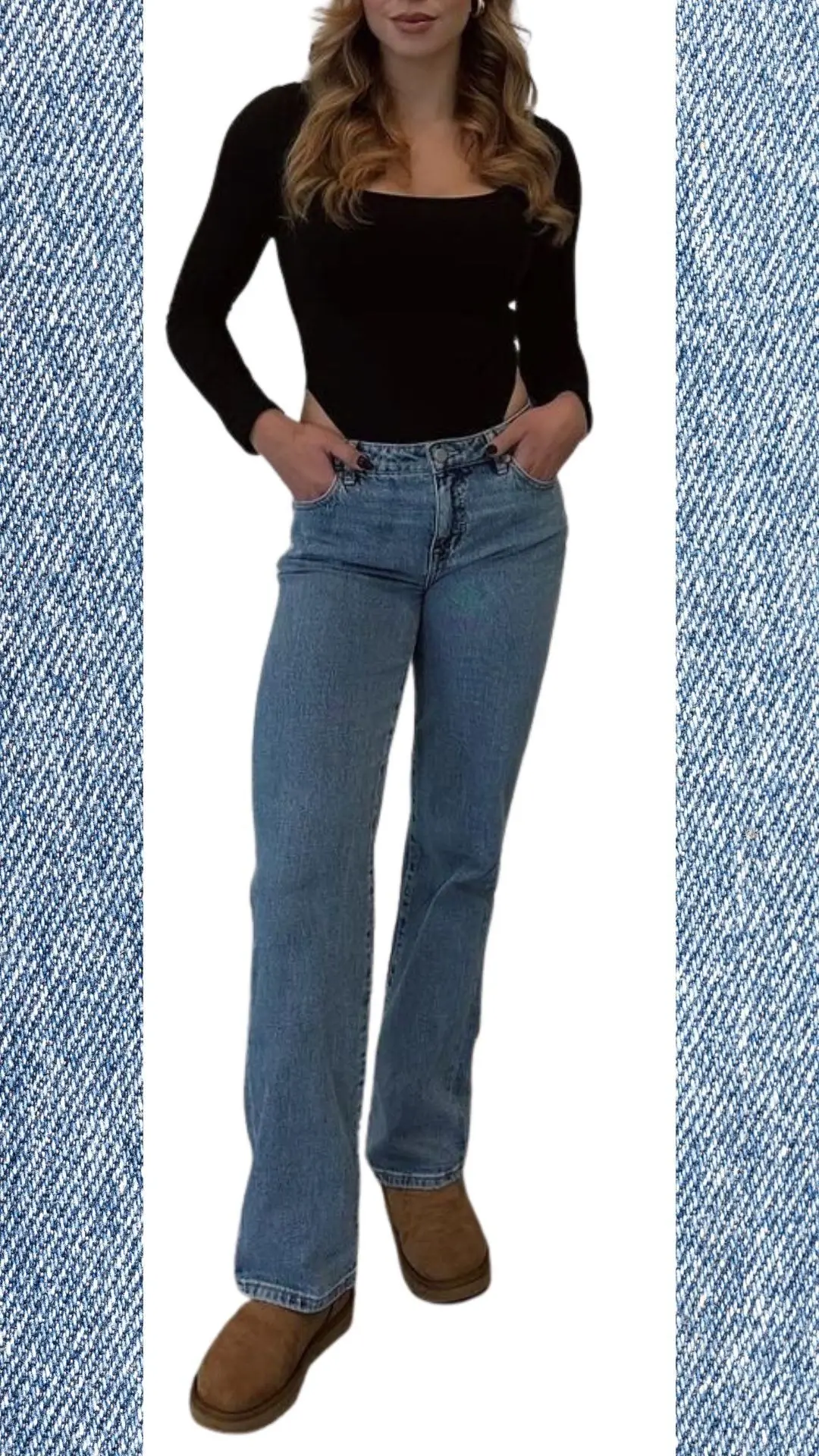 The outfit features light blue high-waisted jeans crafted from a soft, slightly stretchy denim, offering a comfortable fit ideal for winter and spring. Paired with a fitted long-sleeve black top made from a smooth, lightweight fabric, the look is complemented by cozy brown ankle boots that provide warmth and style. This combination balances casual and chic, perfect for transitioning through the seasons.