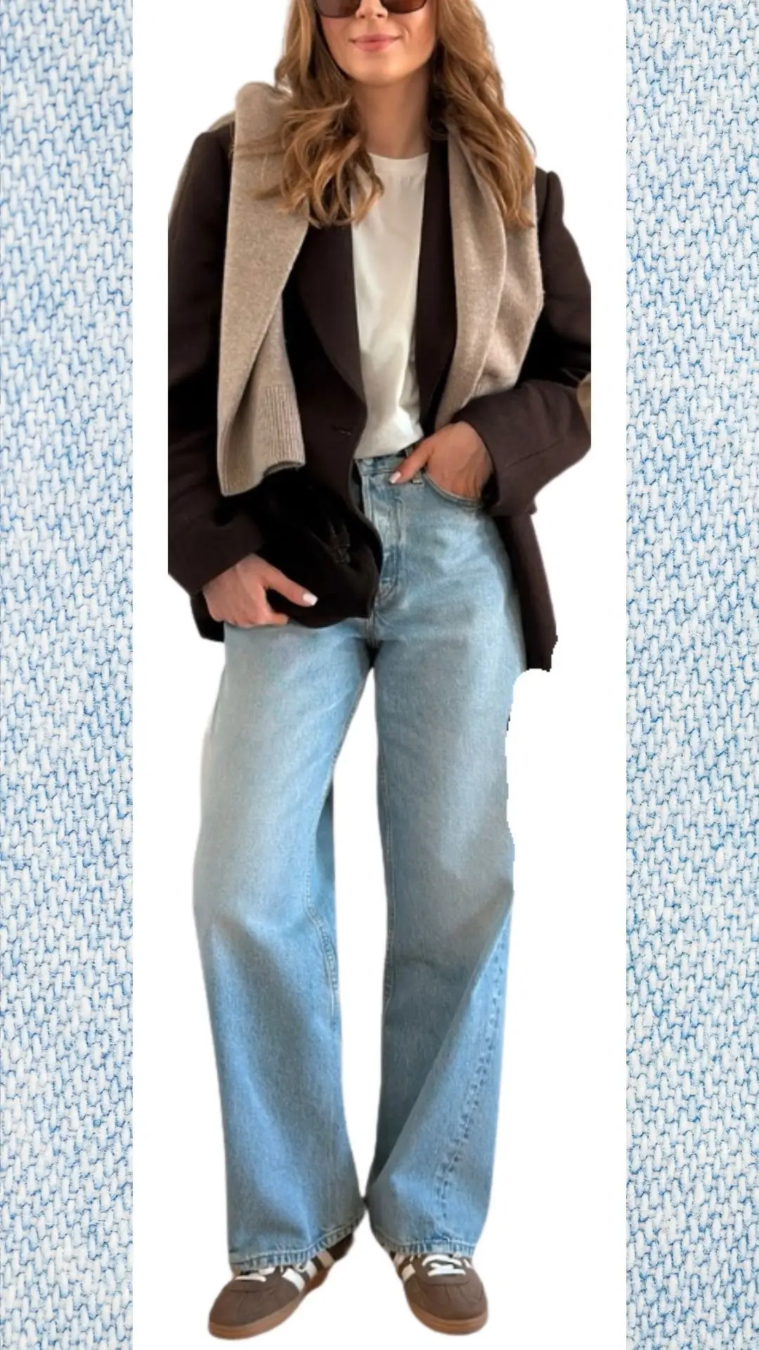 This outfit features light blue high-waisted jeans in a relaxed fit, paired with a fitted white T-shirt and a dark brown blazer layered with a soft beige knit scarf for added warmth. The look is completed with stylish brown sneakers, creating a chic yet cozy ensemble suitable for transitioning from winter to spring.