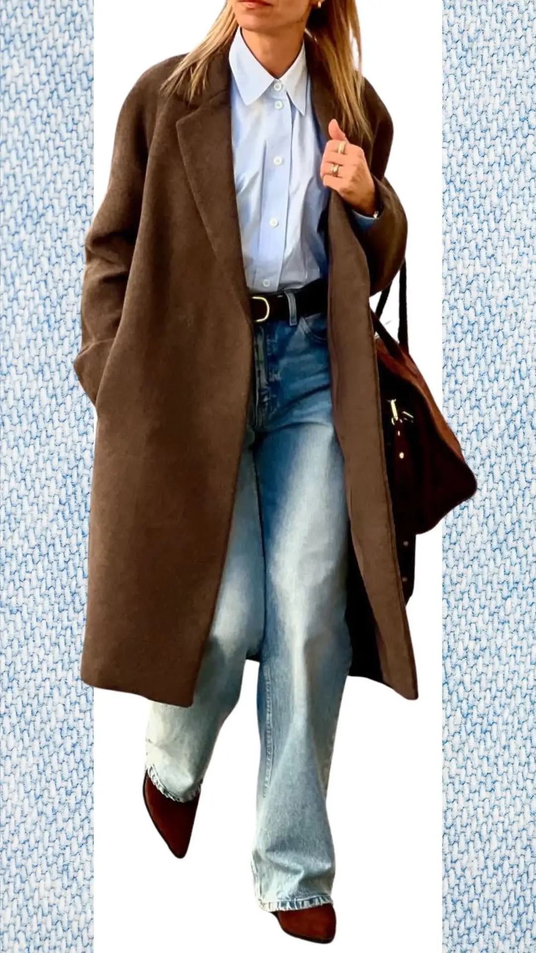 The outfit features a light blue button-up shirt layered under a cozy brown wool coat, complemented by high-waisted light blue flared jeans made of soft denim. Accentuating the look are brown pointed-toe ankle boots and a dark brown handbag, creating a stylish transition from winter to spring with its mix of warm and cool tones. The textures range from the smoothness of the shirt to the plush softness of the coat, enhancing the outfit's warmth and comfort.