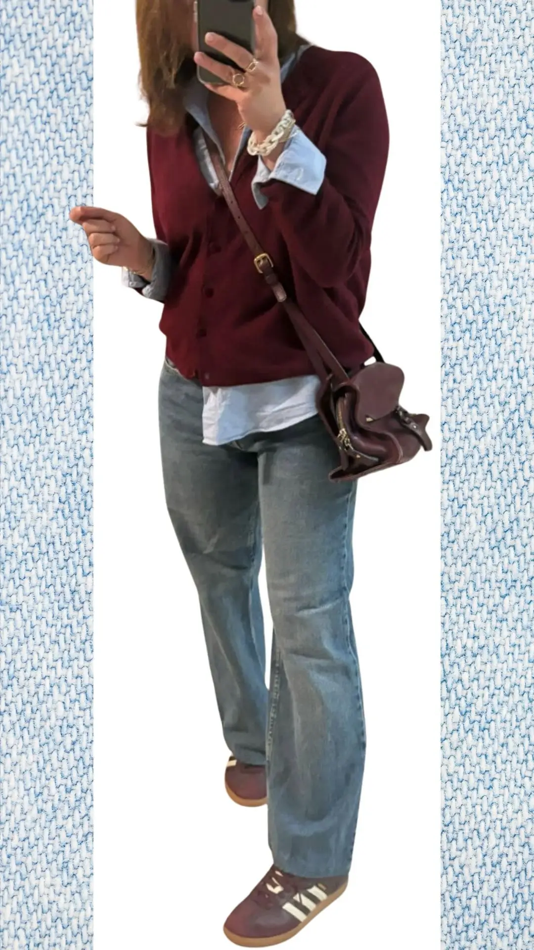 The outfit features light blue jeans made of soft denim with a slightly relaxed fit, paired with a layered look consisting of a crisp light blue shirt and a cozy burgundy cardigan. Accented with a chic brown crossbody bag and stylish brown sneakers, the ensemble balances warmth and modernity, making it ideal for transitioning from winter to spring.