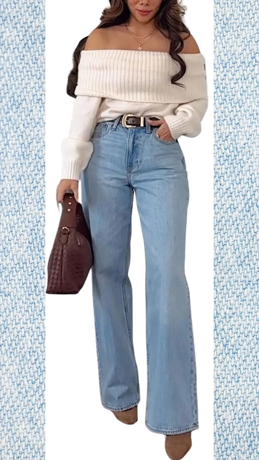 The outfit features a cozy off-the-shoulder cream sweater made of ribbed knit fabric, paired with high-waisted light blue flared jeans in a soft denim texture. Accessories include a brown textured handbag and layered gold necklaces, creating a stylish look perfect for colder months transitioning into spring.