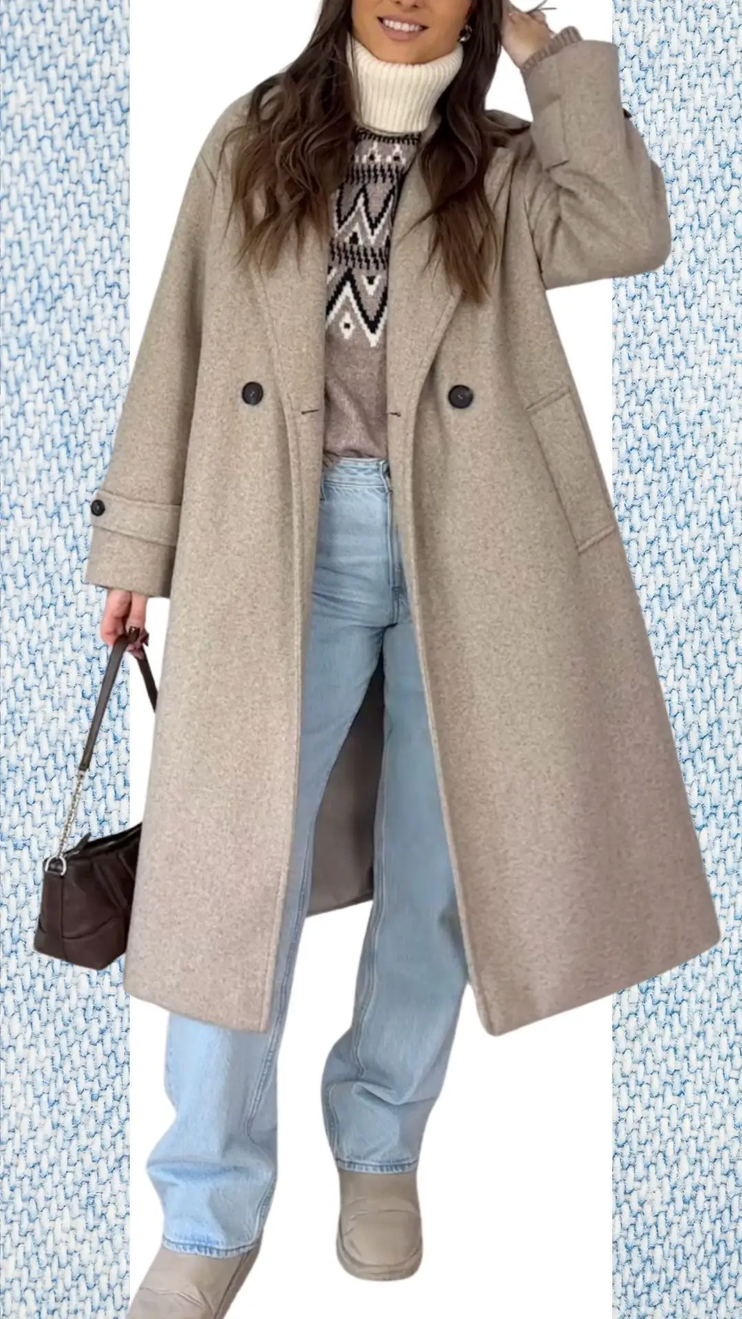 The outfit features light blue high-waisted jeans made from soft denim, paired with a cozy cream turtleneck sweater layered under a structured beige wool double-breasted coat. Accessories include a small brown handbag and beige slip-on boots, enhancing the stylish, warm look suitable for winter transitioning into spring.