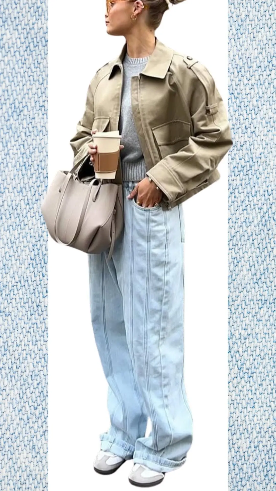 A light blue oversized denim jacket is paired with wide-leg light blue jeans, accentuated by vertical stitching for added texture. Underneath, a cozy gray knit sweater provides warmth, while stylish gray sneakers complete the look. A soft beige handbag and round sunglasses add chic accessories, making this outfit perfect for winter transitioning into spring.