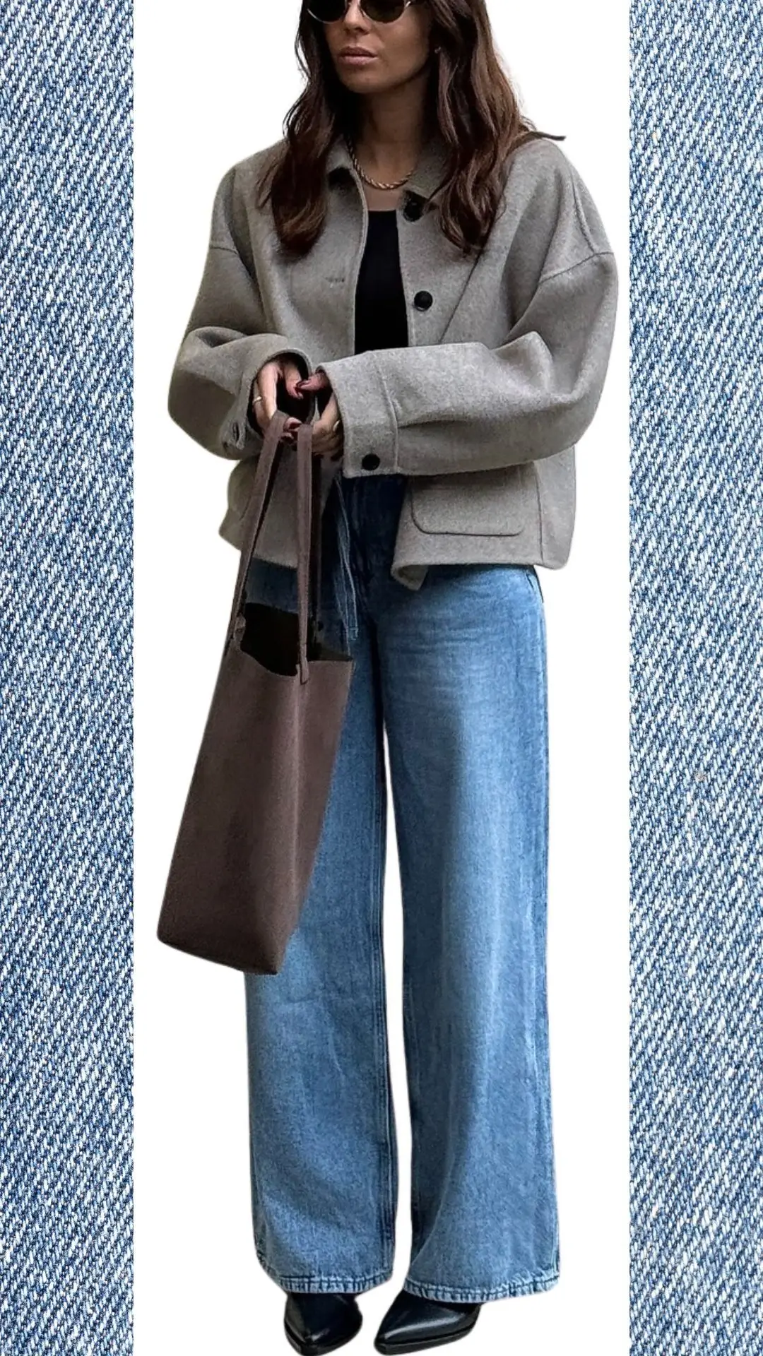 The outfit features light blue wide-leg jeans crafted from soft denim, paired with a cozy, oversized gray wool blend jacket that provides warmth during colder months. Accented with a simple black top and stylish black pointed-toe shoes, the look is completed with a brown tote bag and round sunglasses, making it a chic choice for transitioning from winter into spring.