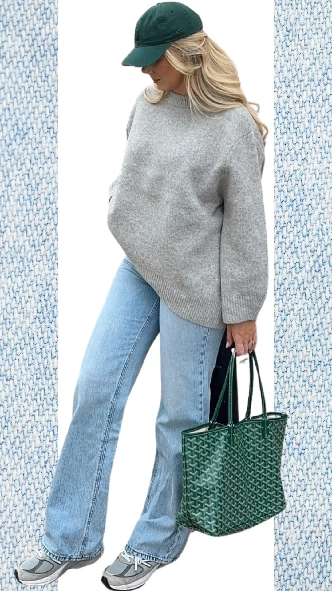A cozy light gray oversized knit sweater pairs with light blue high-waisted jeans, creating a warm and stylish outfit ideal for cooler months. The jeans feature a soft, faded wash and a relaxed fit, while accessories include a dark green baseball cap and a textured green tote bag, adding a pop of color and practicality. Comfortable gray sneakers complete the look, making it perfect for transitioning from winter to spring.