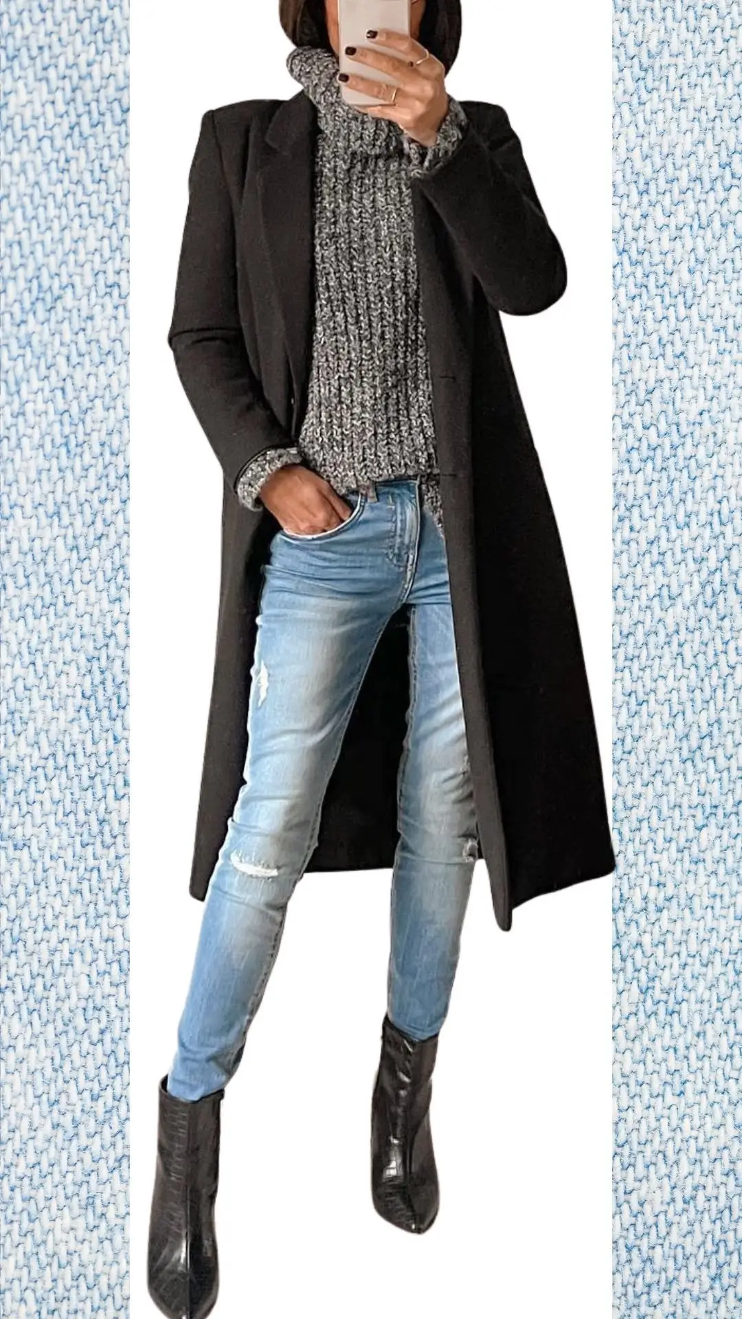 The outfit features light blue distressed jeans paired with a thick, textured gray turtleneck sweater that provides warmth, complemented by a long black coat. Accessories include sleek black heeled ankle boots that enhance the stylish winter transition, while the overall color palette balances cool and neutral tones. The textured fabrics and layered look create a sophisticated yet casual appearance suitable for colder months.