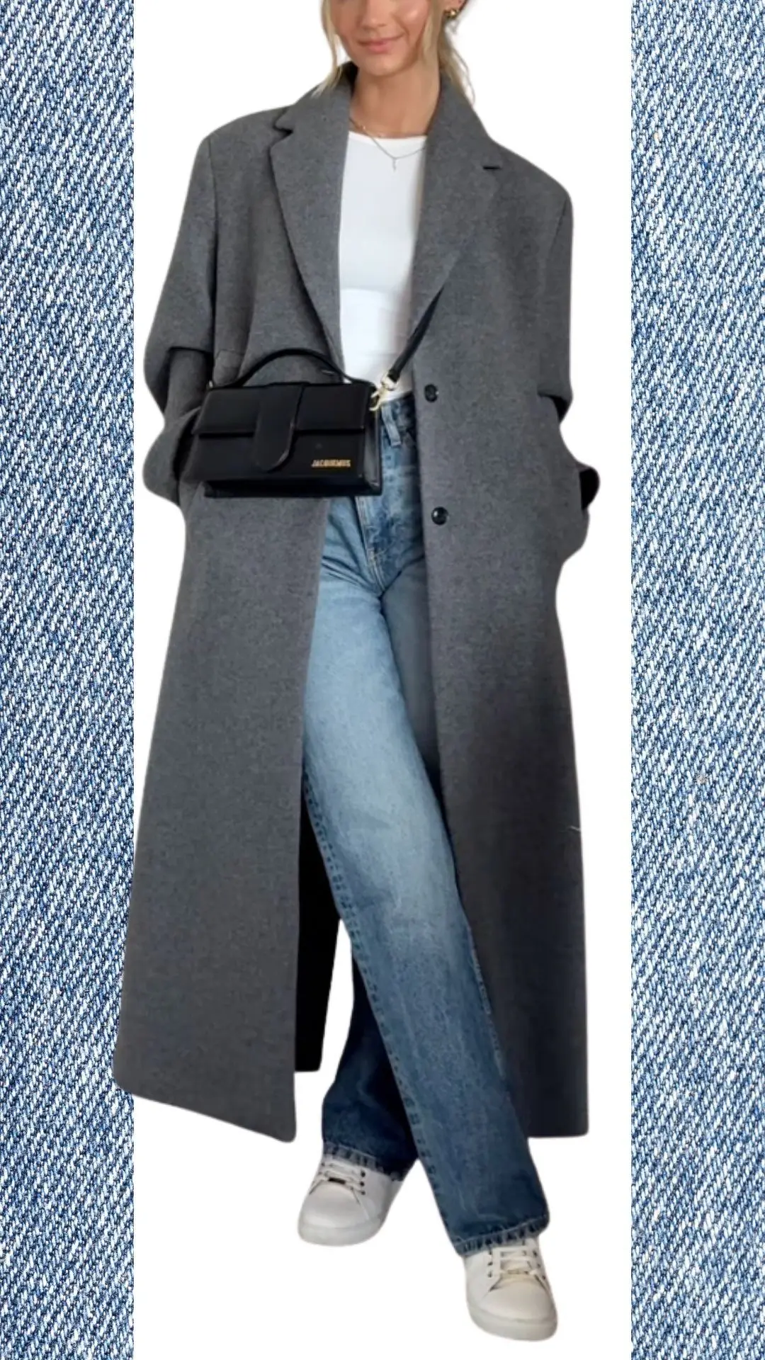 A stylish light blue jeans outfit features high-waisted, slightly faded denim jeans paired with a fitted white long-sleeve top, topped by an oversized grey wool coat that adds warmth and sophistication. The look is complemented by sleek white sneakers and a small black crossbody bag, creating a modern and versatile ensemble ideal for transitioning from winter to spring.