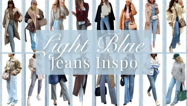 This stylish light blue jeans outfit features high-waisted jeans crafted from soft denim, paired with layered textures including cozy knit sweaters and oversized outerwear. Accessories like structured handbags and chic hats enhance the look, making it versatile for colder months while transitioning to spring. The overall palette combines warm neutrals with the refreshing blue of the jeans, creating a balanced and fashionable ensemble.