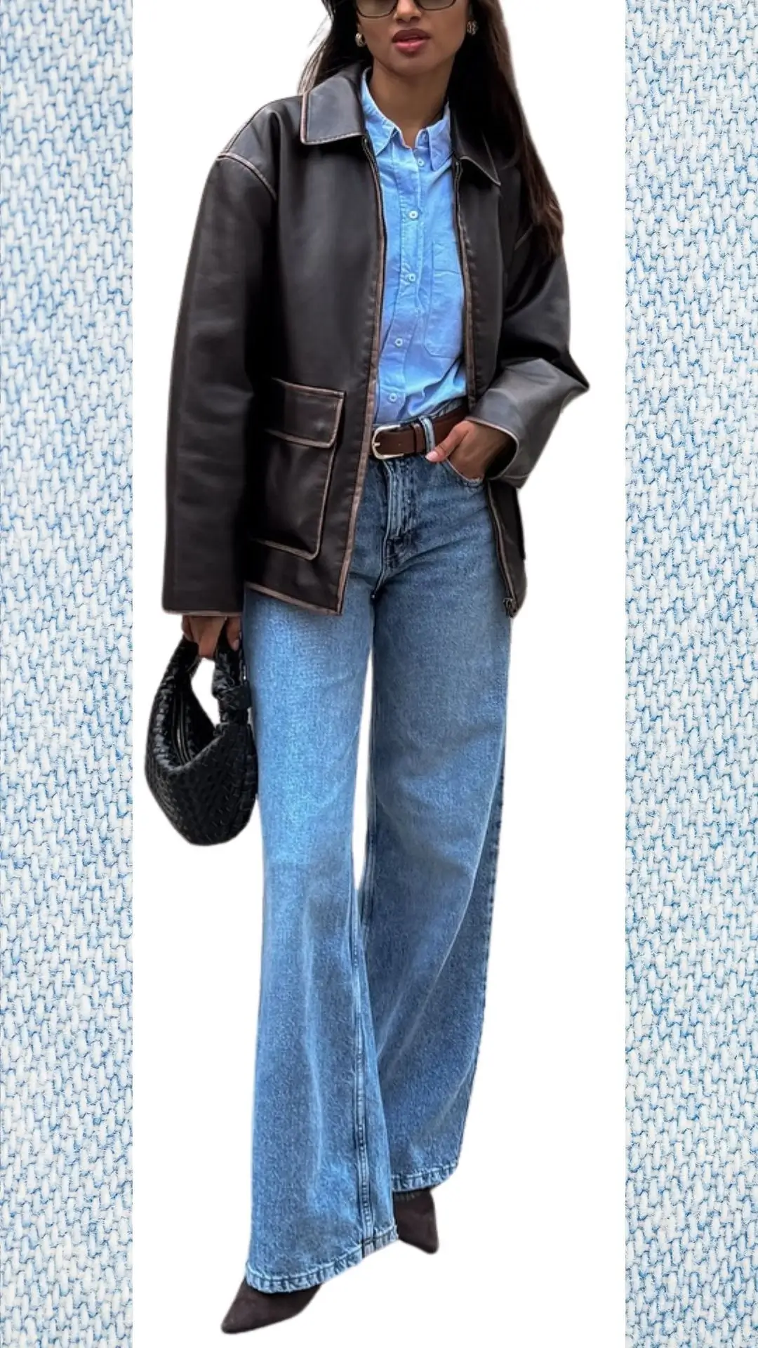 The outfit features a light blue button-up shirt made of soft, breathable fabric, layered under a dark brown leather jacket with a slightly oversized fit and contrast stitching. The high-waisted light blue jeans, in a relaxed wide-leg style, are complemented by a black woven handbag and pointed toe booties, creating a stylish transition from winter to spring.