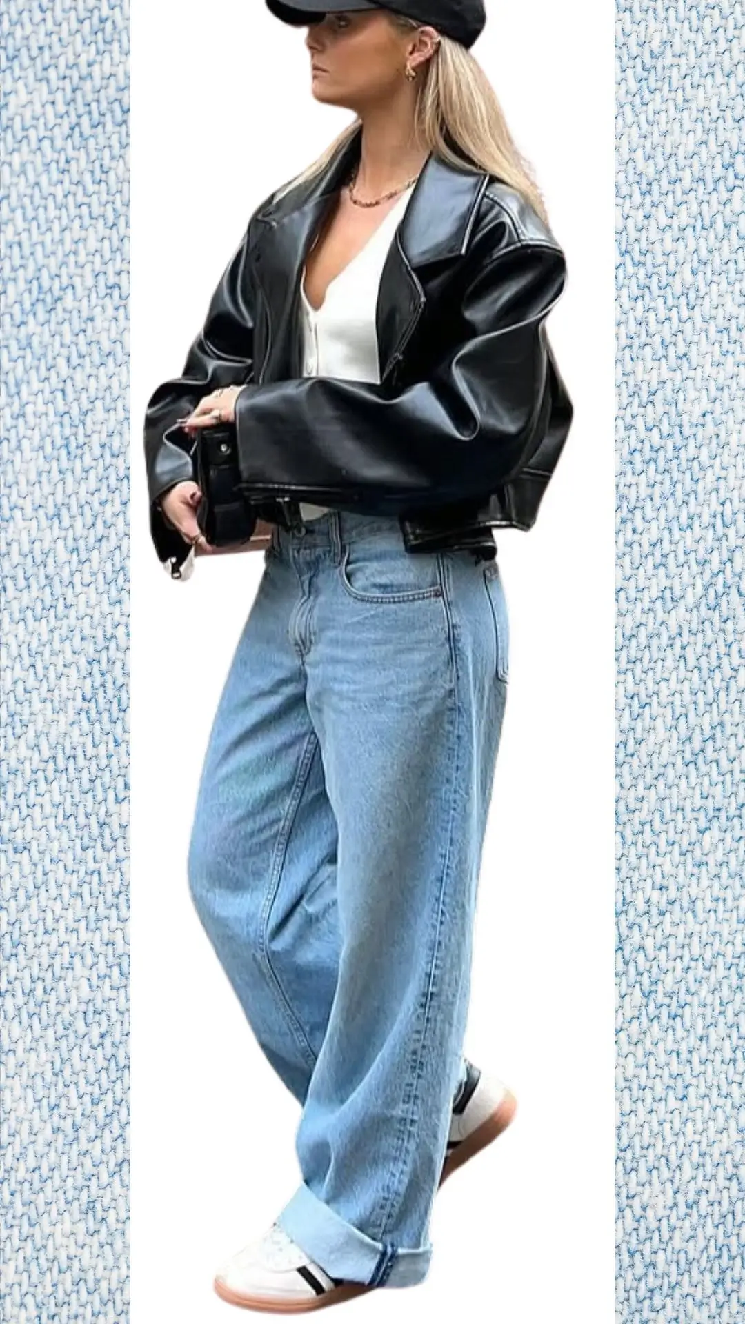 A stylish winter-into-spring outfit features light blue high-waisted jeans made from soft denim, complemented by an oversized black leather jacket for warmth and texture. The look is enhanced by a white V-neck top and classic white sneakers, along with a black cap and minimal gold jewelry for a sleek finish. The combination of the muted and contrasting colors ensures a fresh, modern appearance suitable for transitional weather.