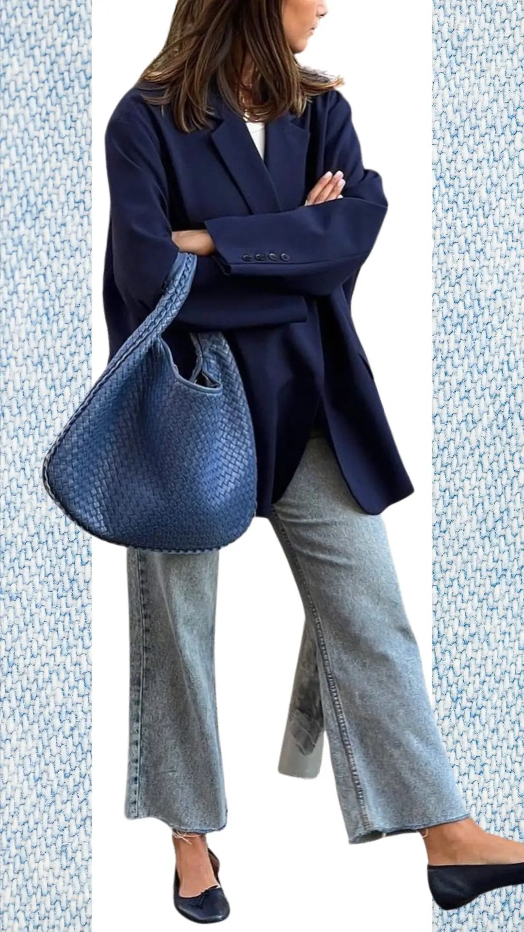 This stylish outfit features a tailored navy blue blazer layered over a simple light blue top, complemented by wide-leg light blue jeans made of soft denim. The look is accessorized with a textured navy blue handbag and chic navy flats, making it perfect for transitioning from winter to spring while remaining comfortable and fashionable.