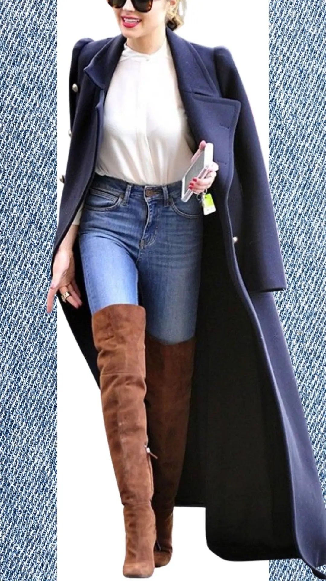 The outfit features a pair of medium-wash light blue jeans, complemented by a fitted white blouse and an elegant navy wool coat with structured shoulders. Over-the-knee brown suede boots add a stylish contrast, while oversized black sunglasses complete the chic look, making it perfect for transitioning from winter to spring.