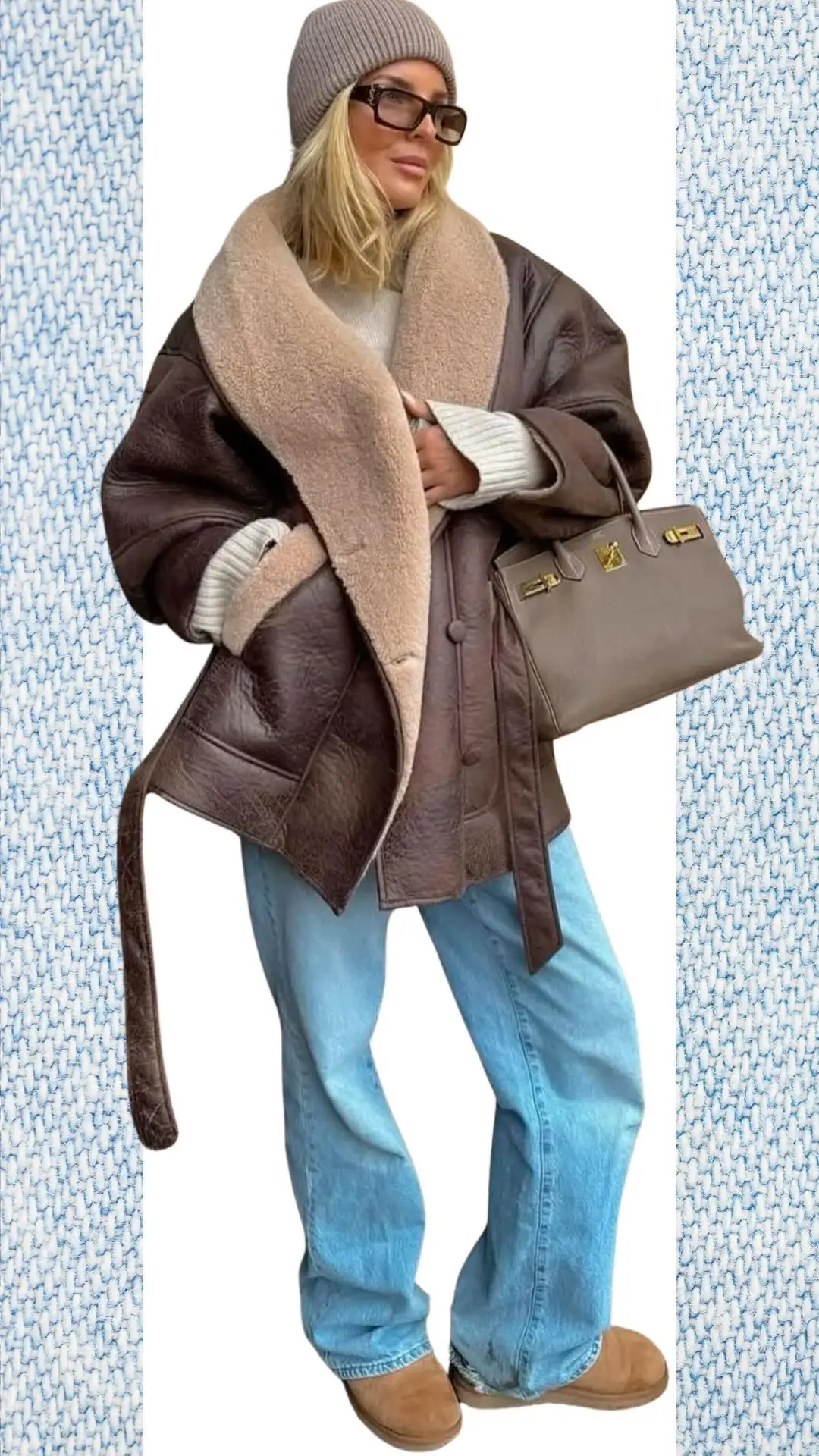 The outfit features light blue, relaxed-fit jeans made from soft denim, paired with a cozy, oversized brown shearling-lined jacket that provides warmth and texture contrast. A chunky cream knit sweater peeks out from under the jacket, while a light gray beanie adds a casual touch, complemented by beige slip-on boots for comfort. This stylish ensemble is ideal for transitioning from winter to spring with its layered approach and harmonious color palette.