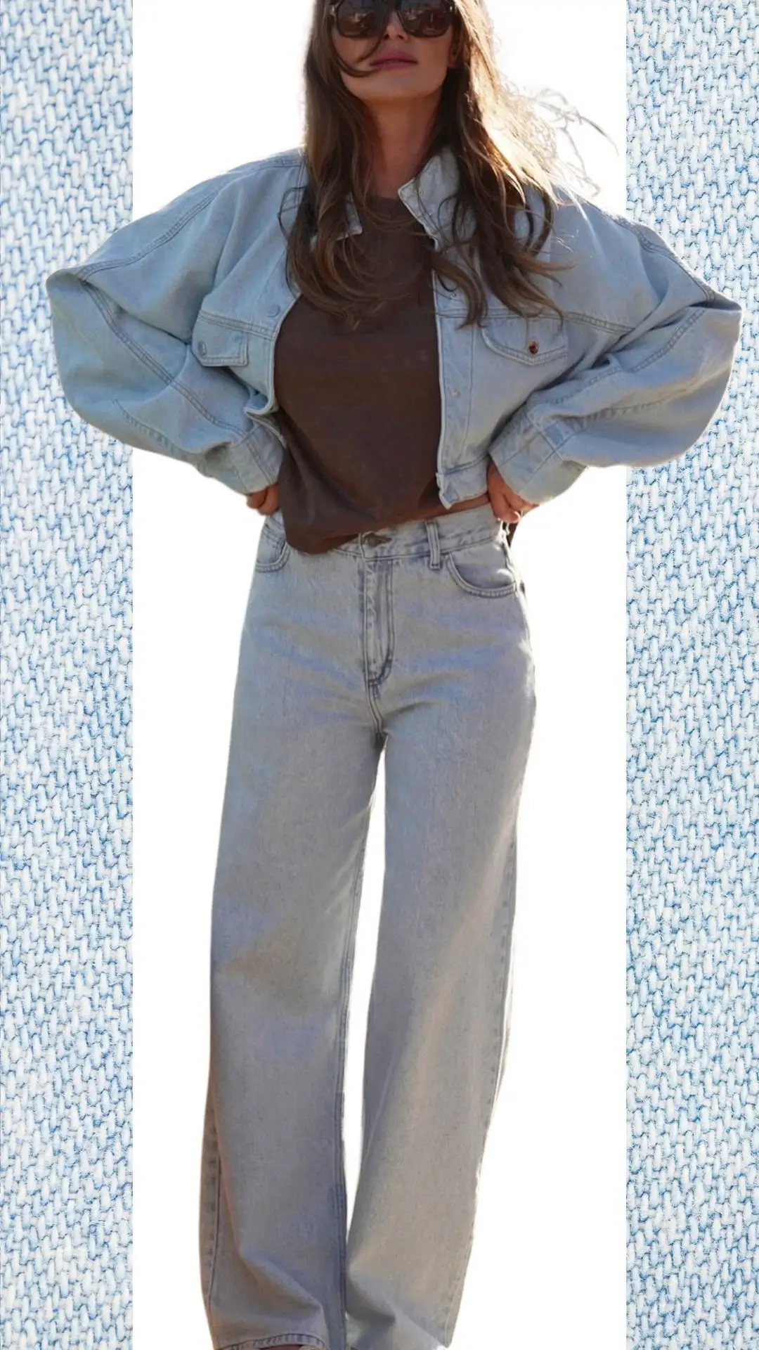 A stylish light blue denim outfit features high-waisted, wide-leg jeans made from soft, durable fabric, paired with an oversized light blue denim jacket that has a relaxed fit. Underneath, a rich brown crew-neck top adds warmth and contrast, while oversized sunglasses complete the look, making it perfect for transitioning from winter to spring. The combination of textures and shades offers a chic, casual vibe suitable for colder months.