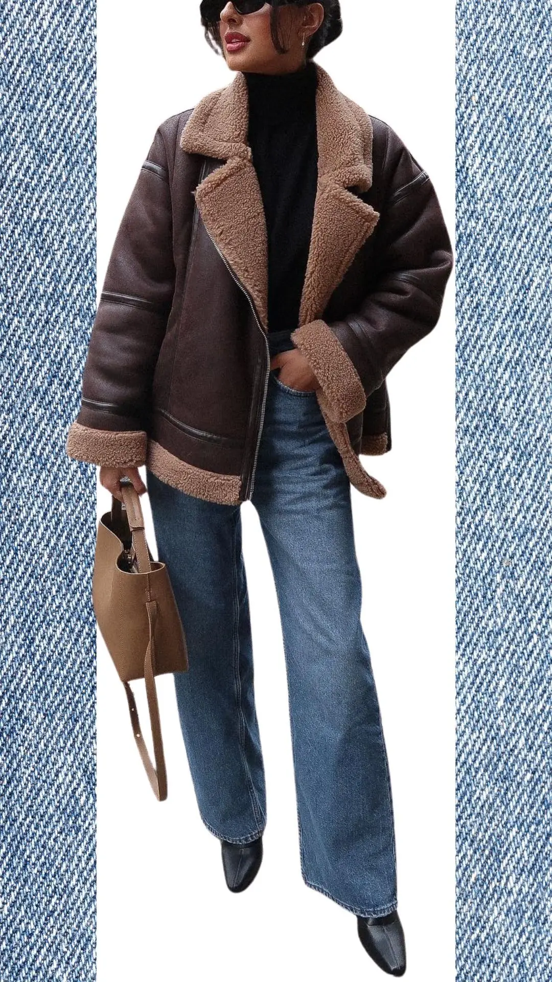 The outfit features wide-leg light blue jeans crafted from a soft denim fabric, paired with a warm, oversized brown shearling-lined jacket for winter layering. Underneath, a fitted black turtleneck provides a sleek contrast, while chic black heeled boots enhance the stylish look. The outfit is accessorized with a minimalistic tan handbag, making it suitable for transitioning from colder months to spring.