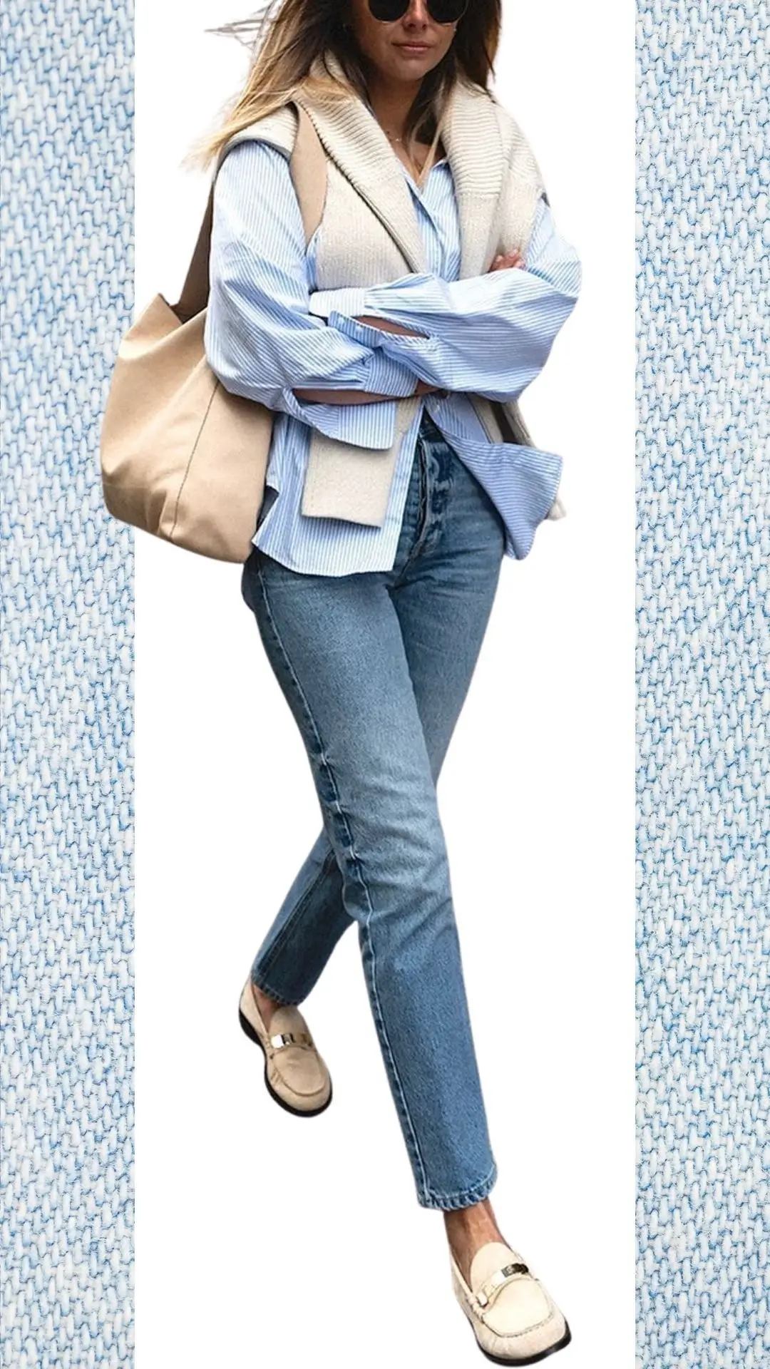 A stylish winter-to-spring outfit features light blue high-waisted jeans paired with a loose-fitting striped shirt in light blue and white, layered under a cozy cream-colored sleeveless cardigan. The ensemble is completed with beige loafers adorned with a metallic accent and a large neutral tote bag, combining practical comfort with a refined look.