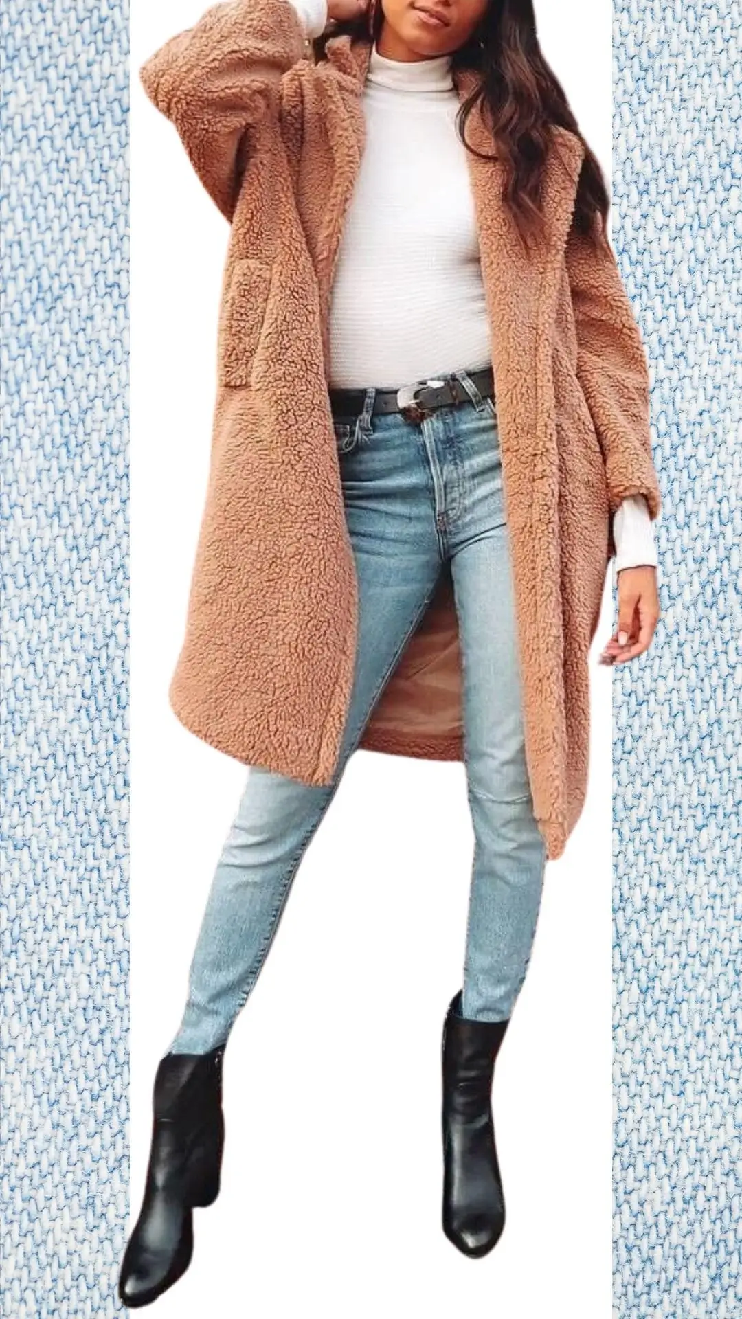 The outfit features light blue, form-fitting jeans crafted from a soft denim, paired with a cozy, oversized, caramel-colored teddy coat made from plush fabric, providing warmth for colder months. Underneath, a white turtleneck shirt adds a layer of style and insulation, while black ankle boots complete the look, offering a sleek contrast and practicality for transitioning seasons.