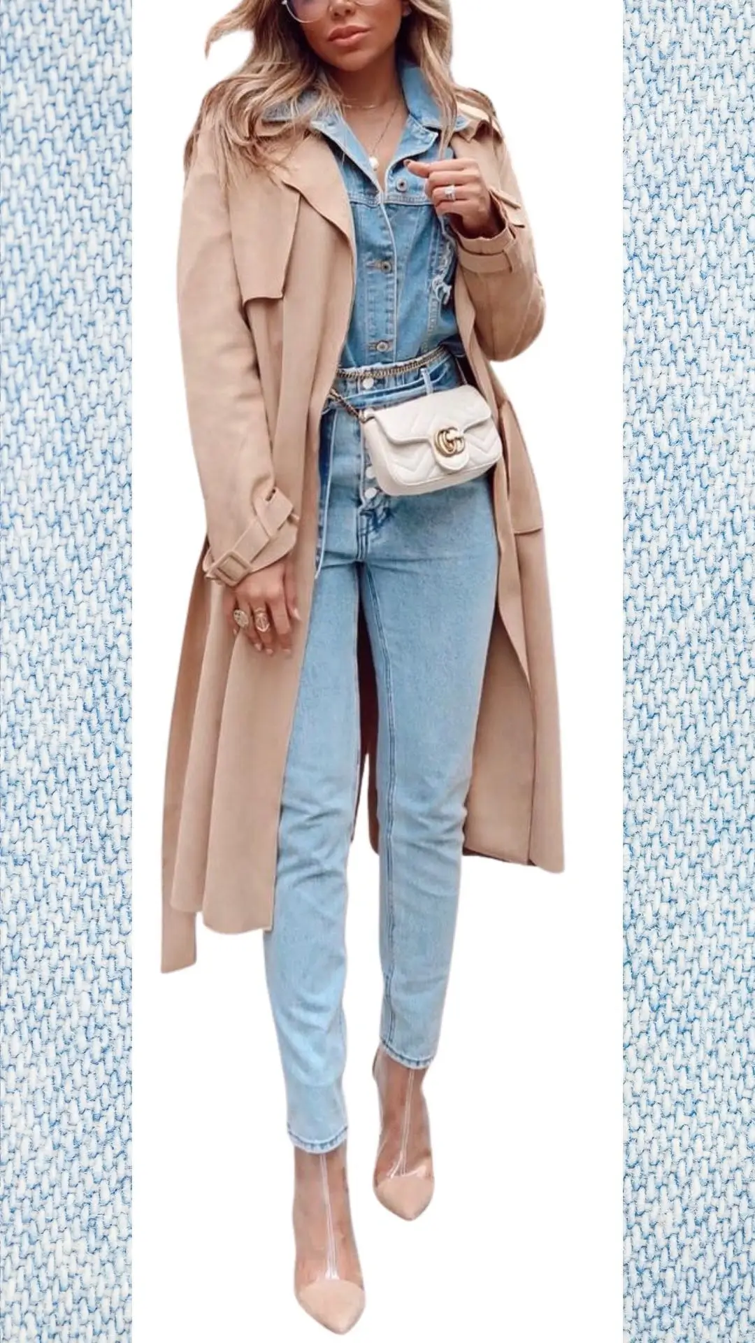 This stylish outfit features light blue high-waisted jeans made from soft denim, paired with a slightly fitted light blue denim jacket that has a classic collar. A beige trench coat, offering warmth and elegance, is layered over the look, complemented by a white crossbody bag and transparent heels that add a modern touch. The outfit is perfect for transitioning from winter to spring, balancing coziness with chic aesthetics.