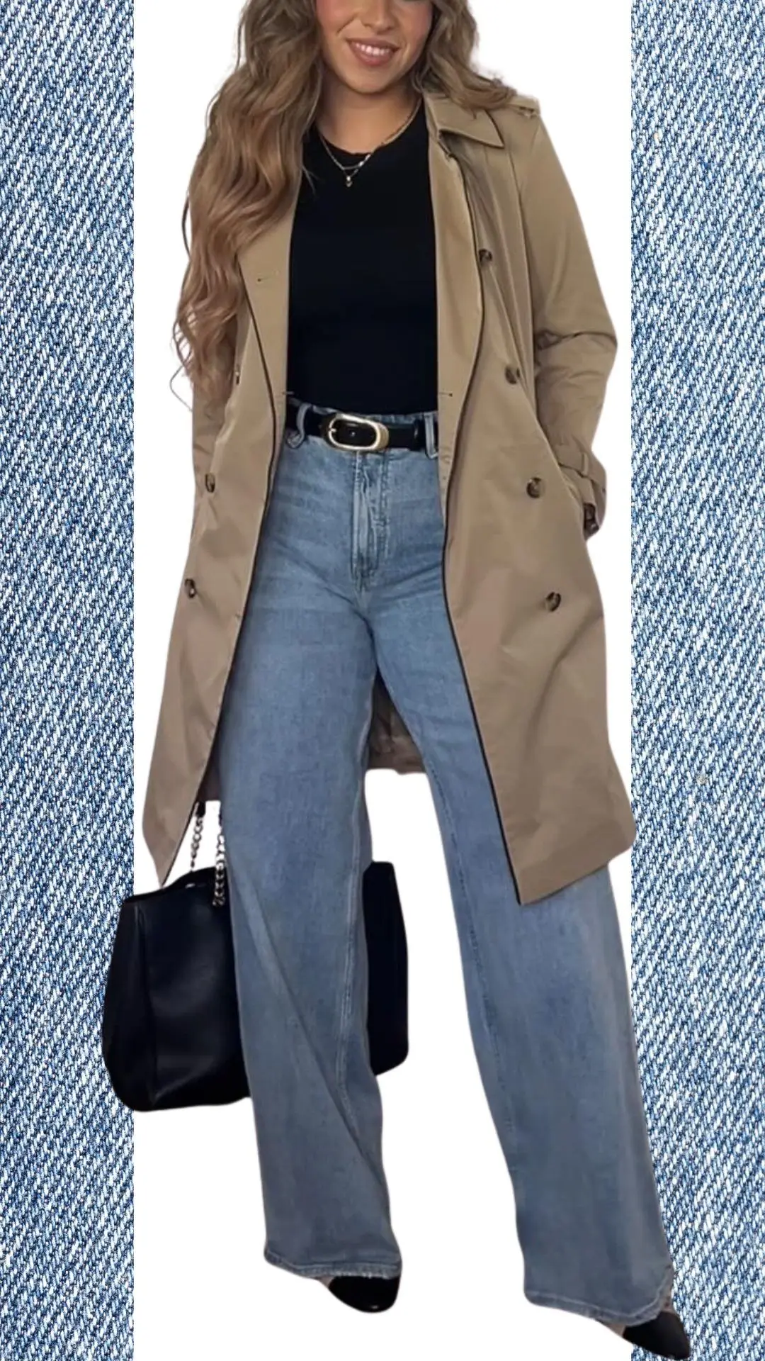 The outfit features light blue high-waisted wide-leg jeans crafted from soft denim, paired with a fitted black long-sleeve top for a sleek contrast. Layered over is a stylish tan trench coat made from a smooth, water-resistant fabric, accented with a black belt that cinches the waist, and completed with a chic black handbag. The overall ensemble combines warmth and sophistication, ideal for transitioning from winter to spring.