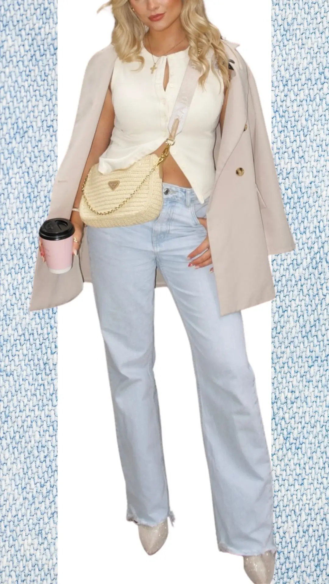 The outfit features light blue high-waisted jeans crafted from soft denim, paired with a fitted cream-colored top made of a comfortable knit fabric. Layered over the top is a stylish beige trench coat, complemented by a textured cream handbag and metallic pointy-toed heels, perfect for colder months transitioning into spring. The overall look is chic and effortlessly layered, suitable for varying winter and spring temperatures.