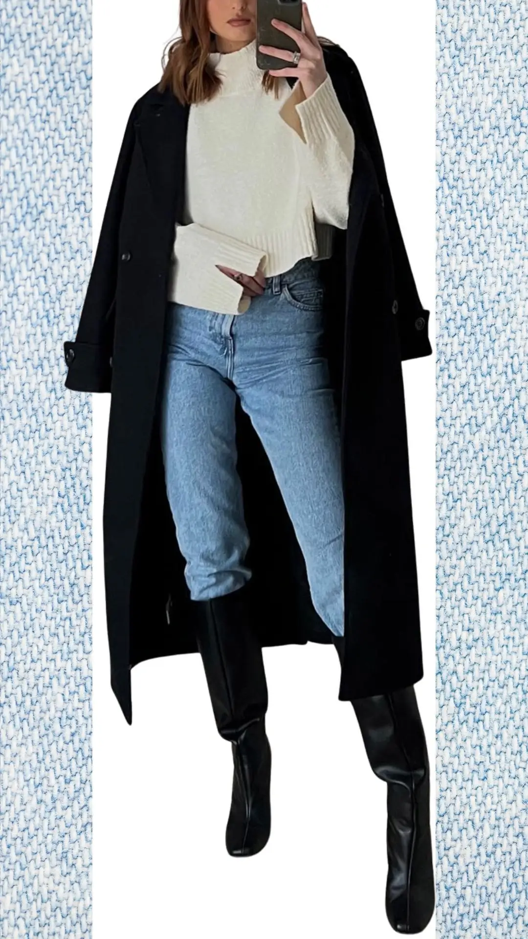 The outfit features light blue high-waisted jeans made from soft denim, paired with a cozy, cream ribbed turtleneck sweater that offers warmth. Completed with a long, black, woolen overcoat and sleek black knee-high boots, the ensemble is ideal for colder months while transitioning into spring. The combination of textures and neutral shades ensures a stylish, modern look.