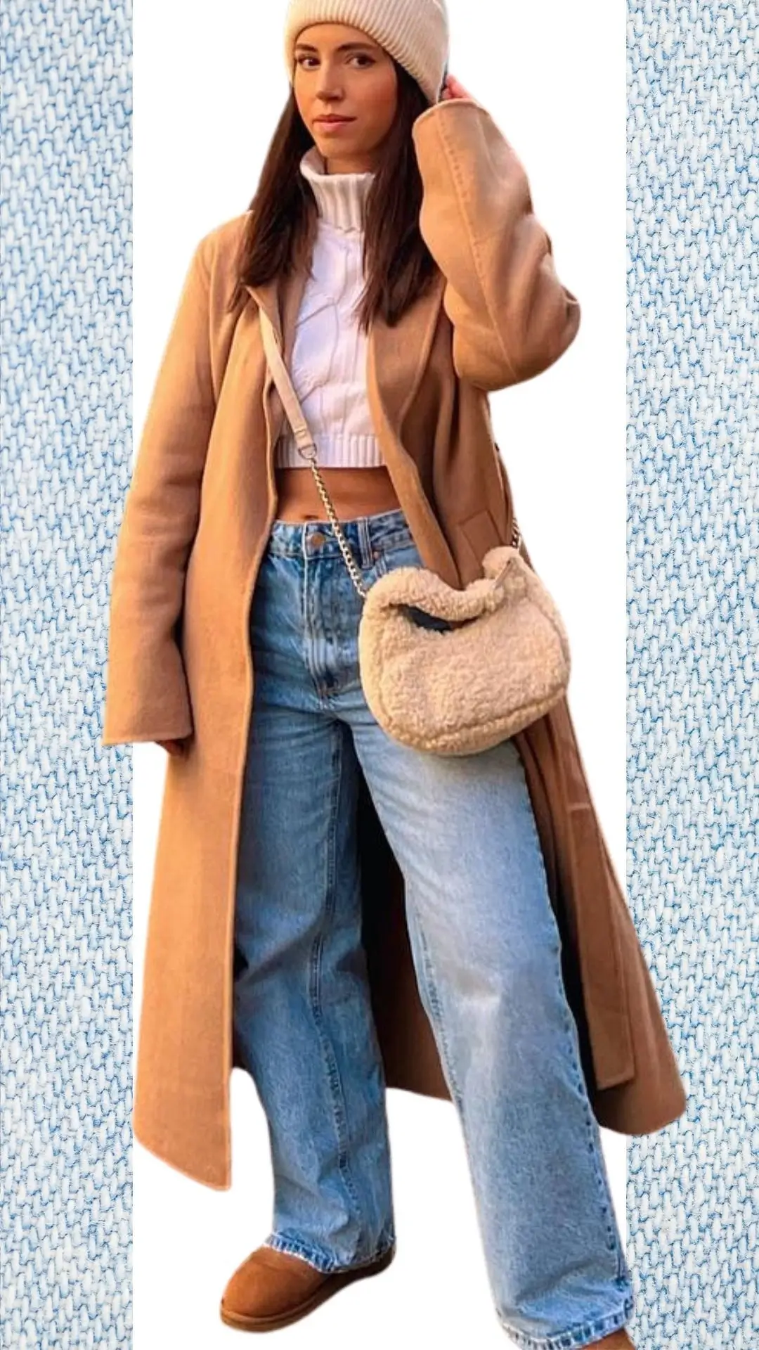The outfit features light blue high-waisted jeans made from durable denim, paired with a sleek white cropped turtleneck in a soft knit fabric. A long, camel-colored overcoat adds warmth and sophistication, while a cozy beige fur handbag and matching knitted beanie complete the ensemble, making it ideal for colder months and transitioning into spring.