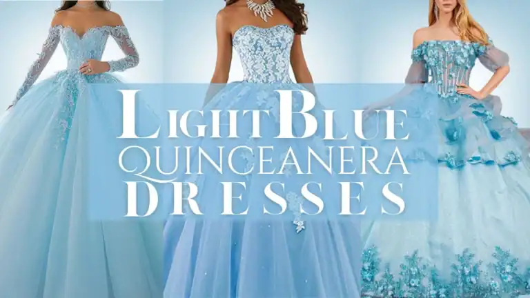 The image showcases a collection of light blue quinceañera dresses, featuring various styles. One design highlights a fitted bodice with intricate lace detailing and a voluminous skirt, elegantly cascading in layers, while another features off-the-shoulder sleeves adorned with floral appliqués. The dresses incorporate sparkling embellishments and gradients in light blue hues, creating a whimsical and enchanting aesthetic perfect for a celebration.